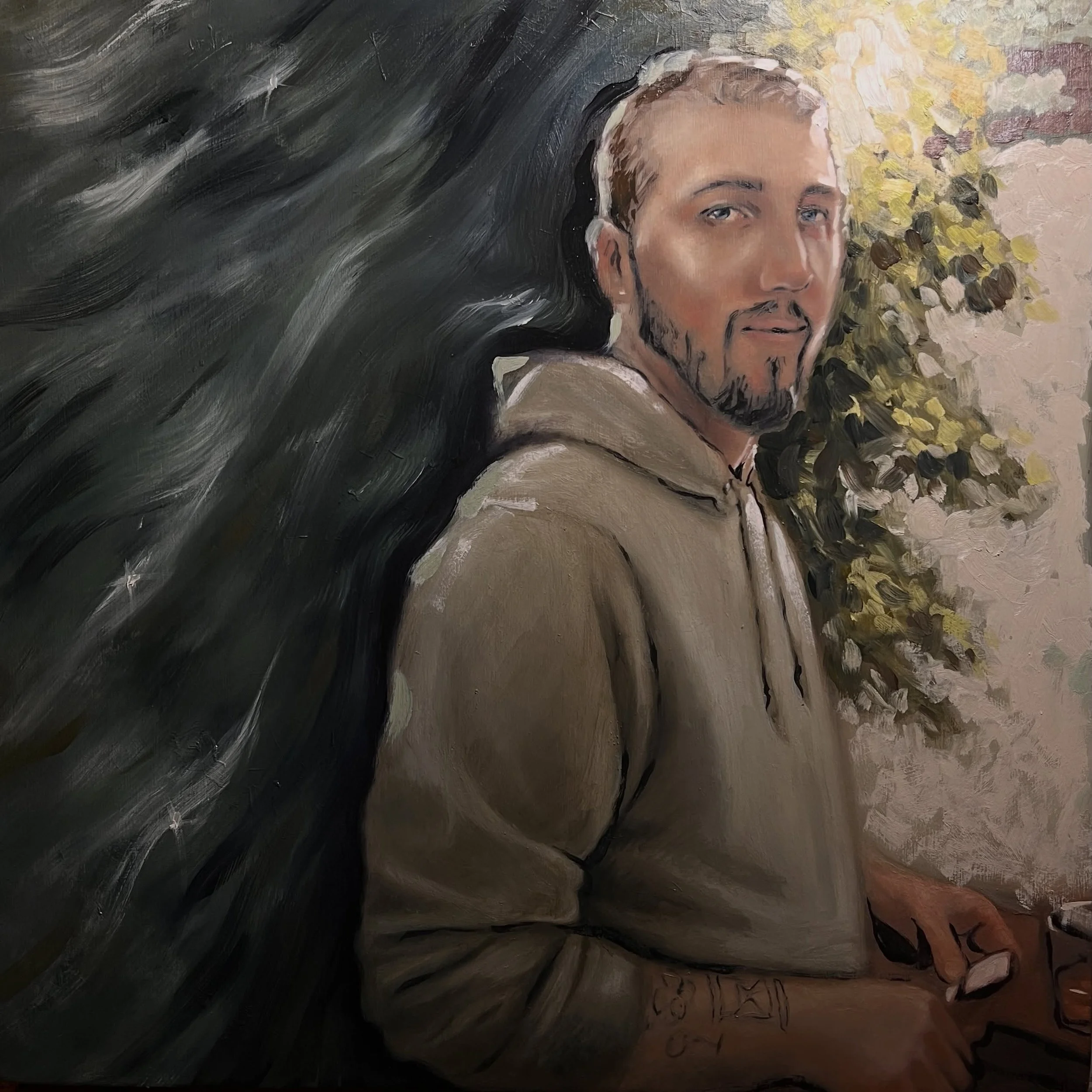 WIP Michael on the porch, 2026 
Oil on board. 

Swipe through to go back in time on the process!