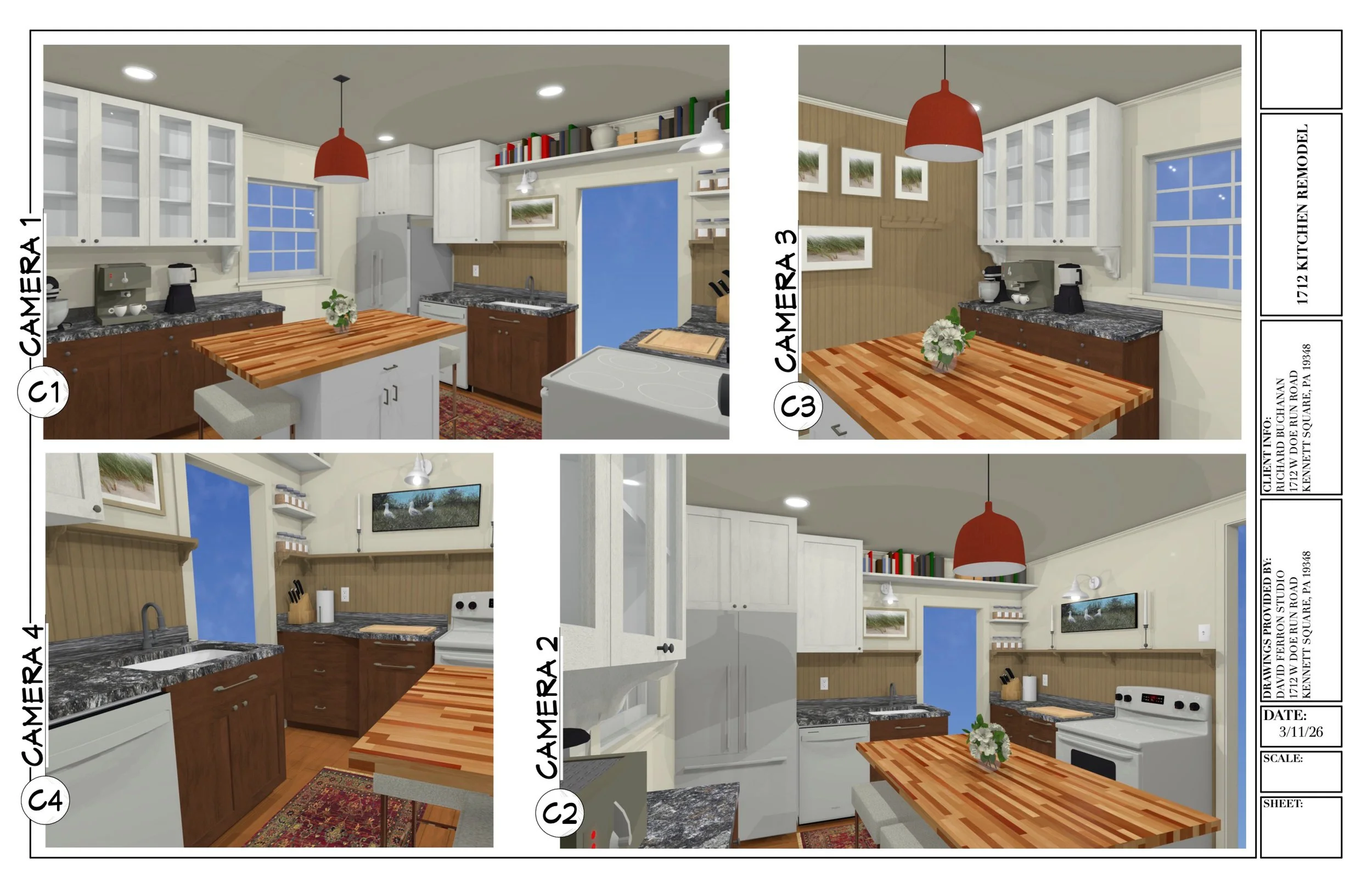 A collage of four images showing a kitchen with white cabinets, wood accents, a patterned rug, and a red pendant light. The kitchen includes a window with a blue sky view, a refrigerator, stove, and various kitchen accessories and decorations.