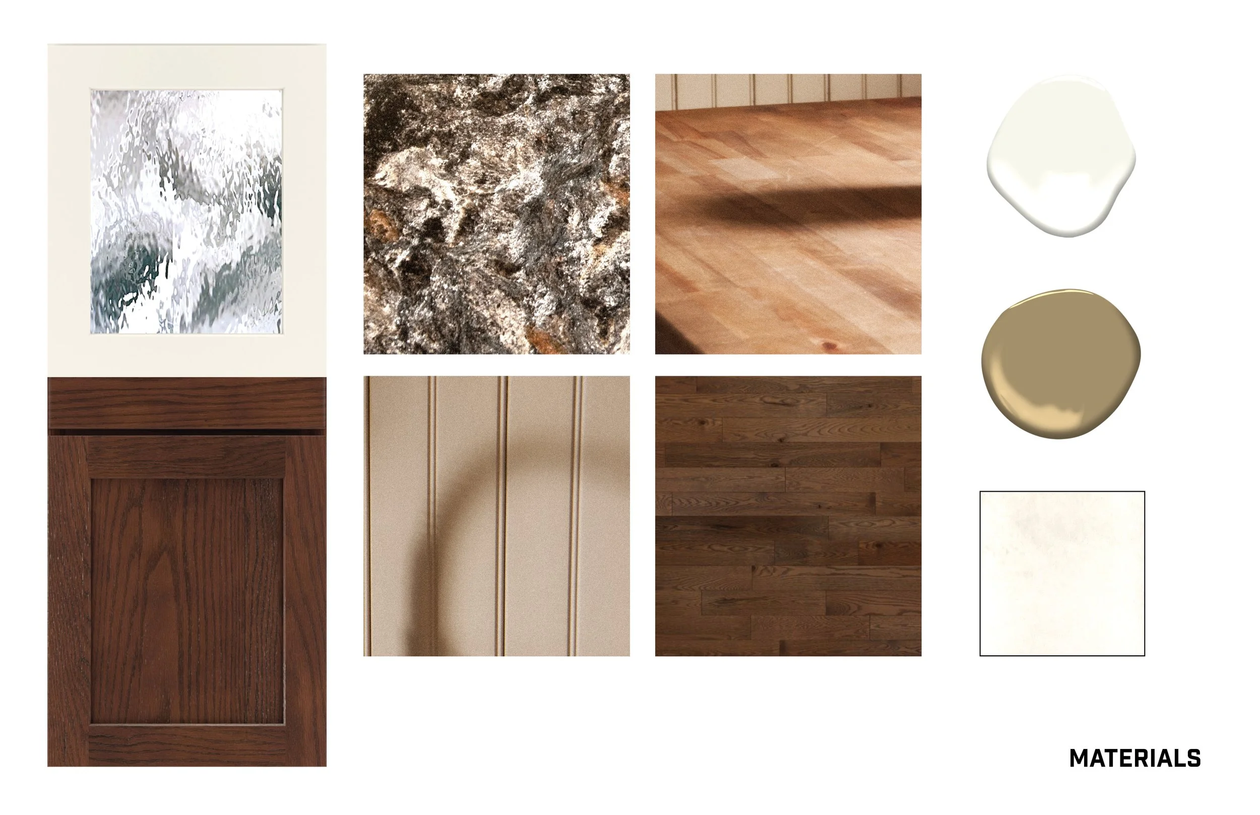 Various interior design materials including a frosted glass window, granite stone, hardwood flooring, wood finish, beadboard paneling, a cream-colored wall, a light beige material, a darker wood material, a white surface, a metallic gold surface, and