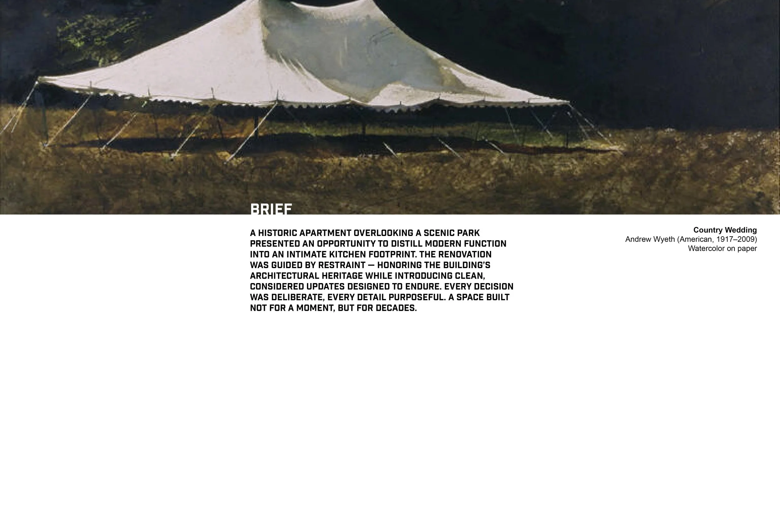 Watercolor painting of a white tent set up in a natural outdoor setting, with a brief description of a historic apartment overlooking a scenic park and the renovation details.