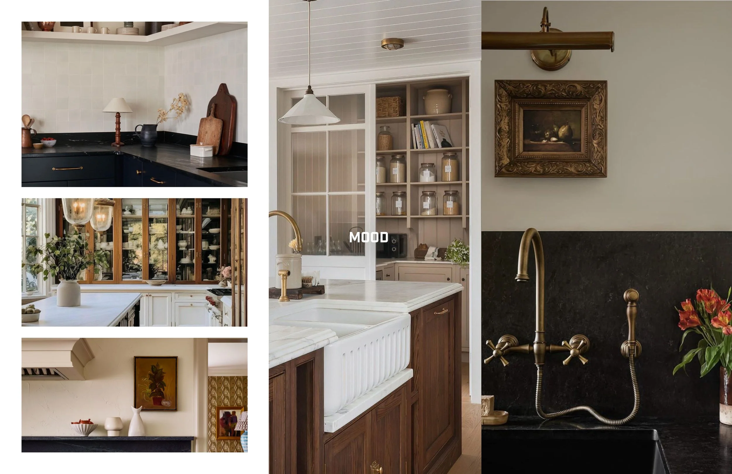 Collage of kitchen and dining room interiors with various decor, cabinetry, and fixtures, including open shelving, a black countertop, and a black backsplash.