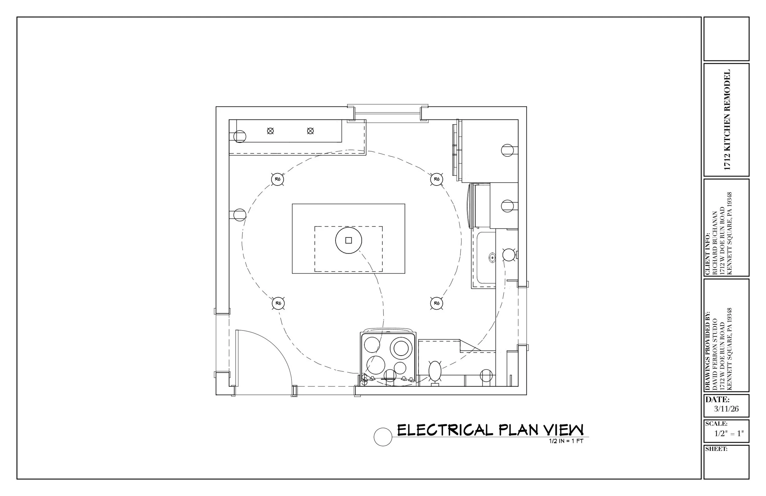Architectural electrical plan of a residential kitchen with appliances, fixtures, and electrical outlets, including a stove, sink, and counters.