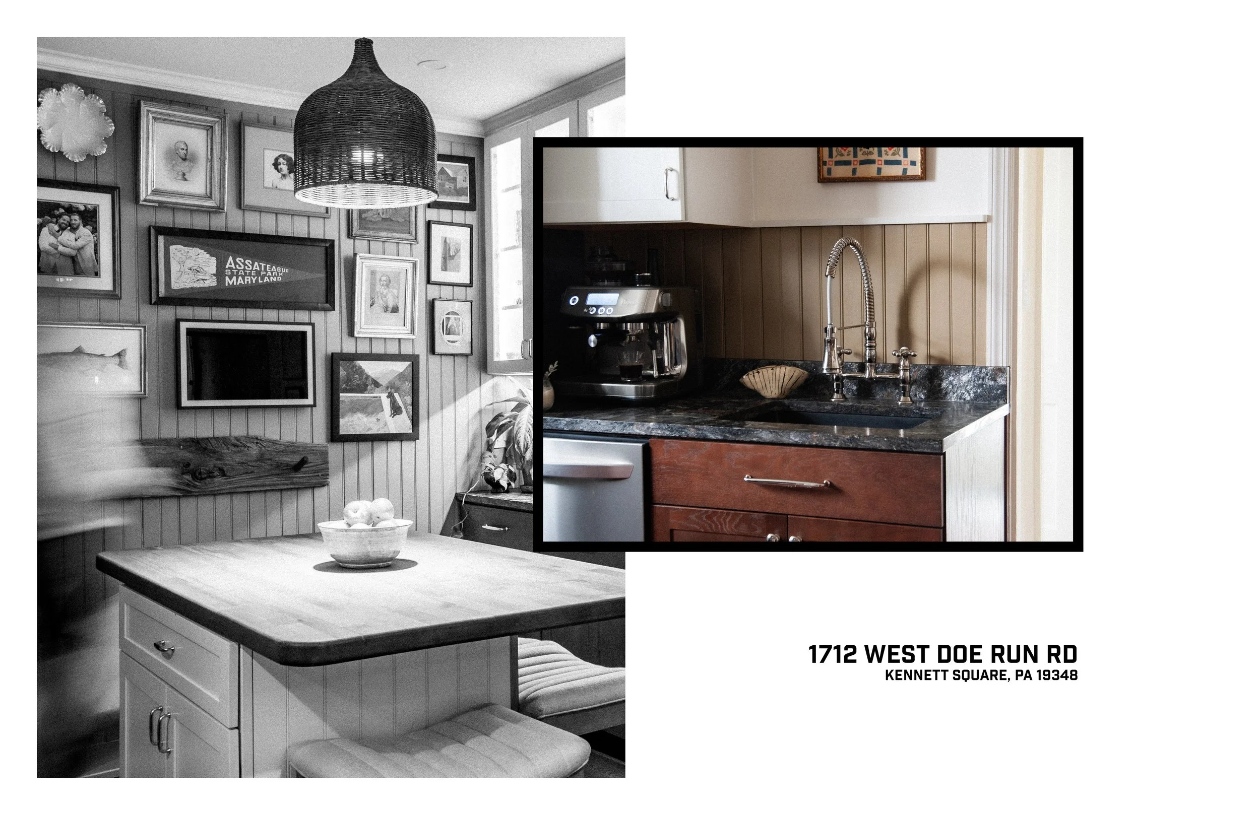 A collage of two kitchen interior photos. The left side shows a black-and-white image of a dining area with a picture gallery on the wall, a wooden table with a bowl of apples, and a bench with a cushion. The right side shows a color image of a kitch