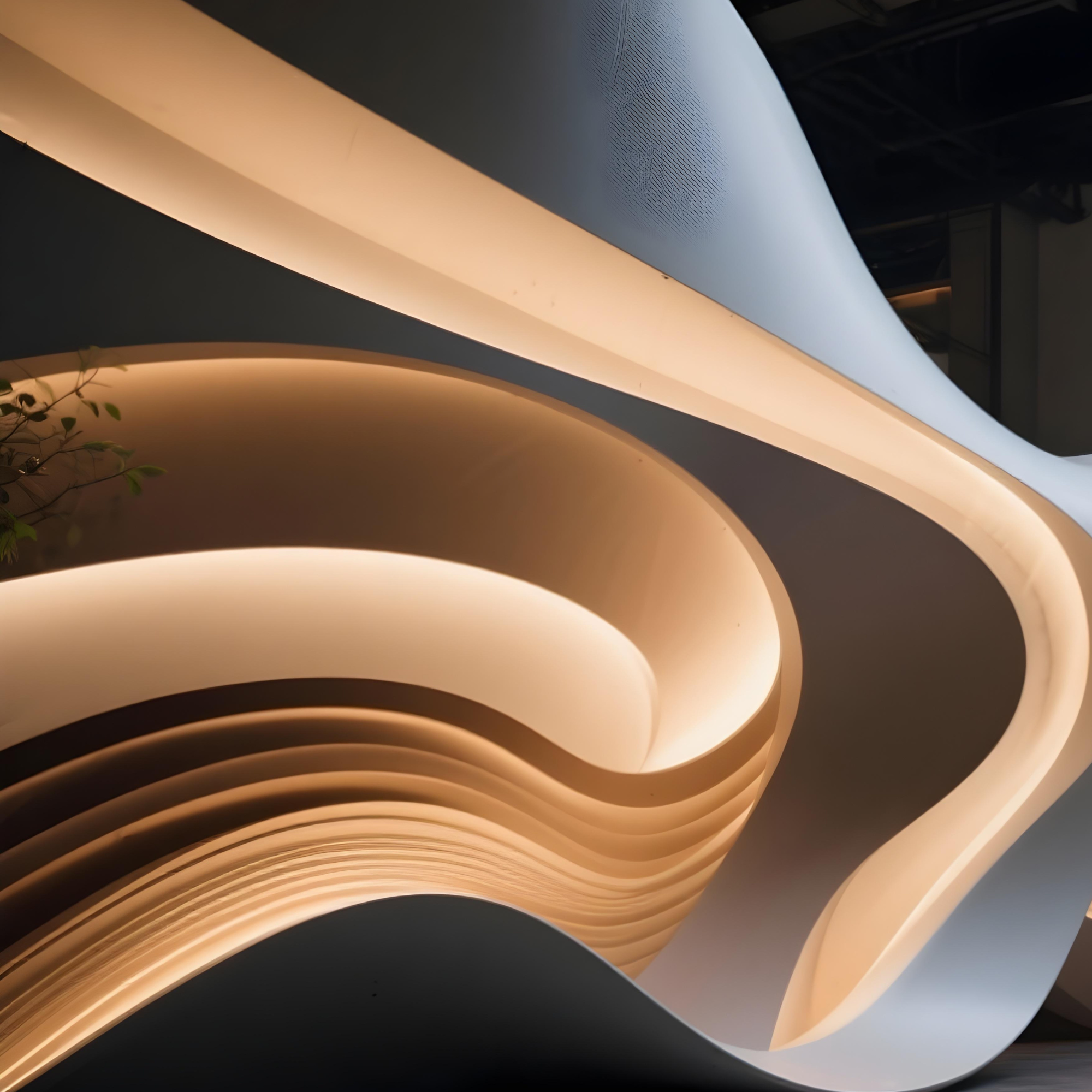 Interior view of a modern, curved, multi-layered architectural ceiling with warm lighting and hints of dark structural elements, with a small plant in the lower left corner.