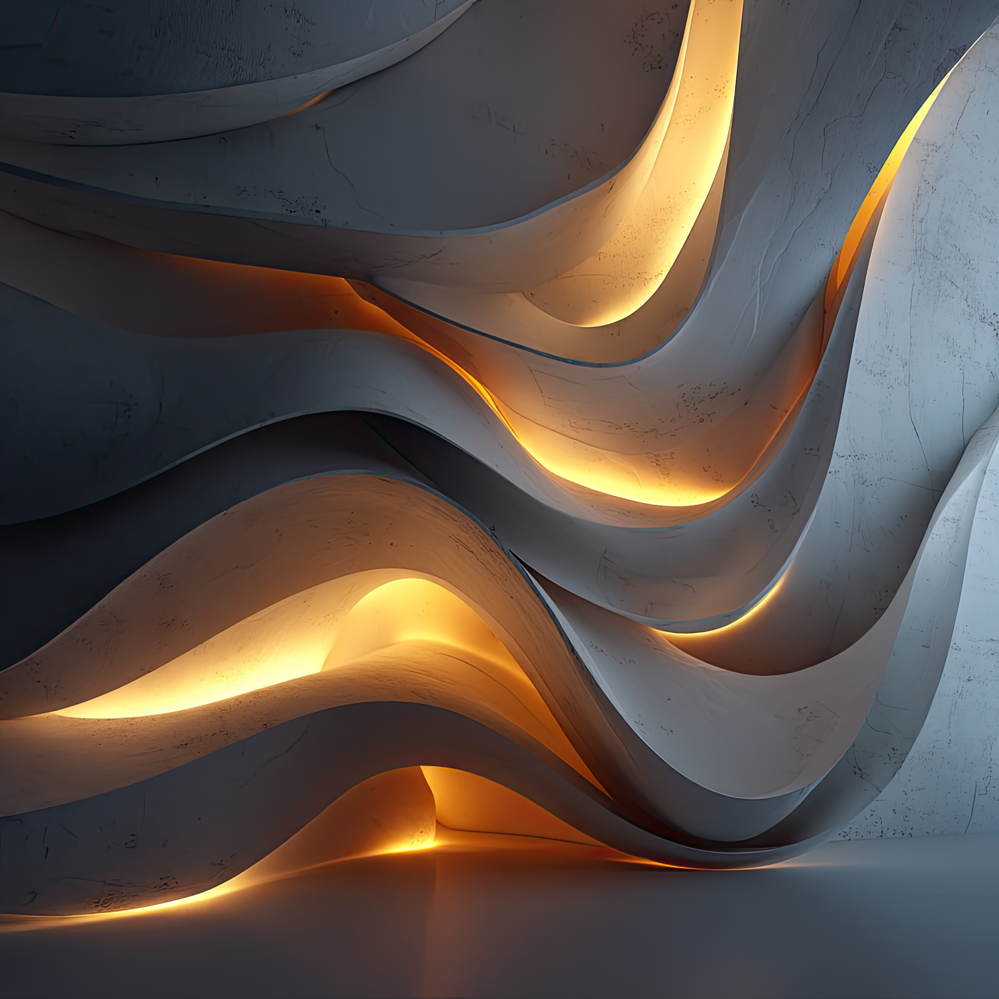 Close-up of an abstract sculpture with curved, layered surfaces illuminated by warm yellow and orange lighting, showing signs of wear and scratches.