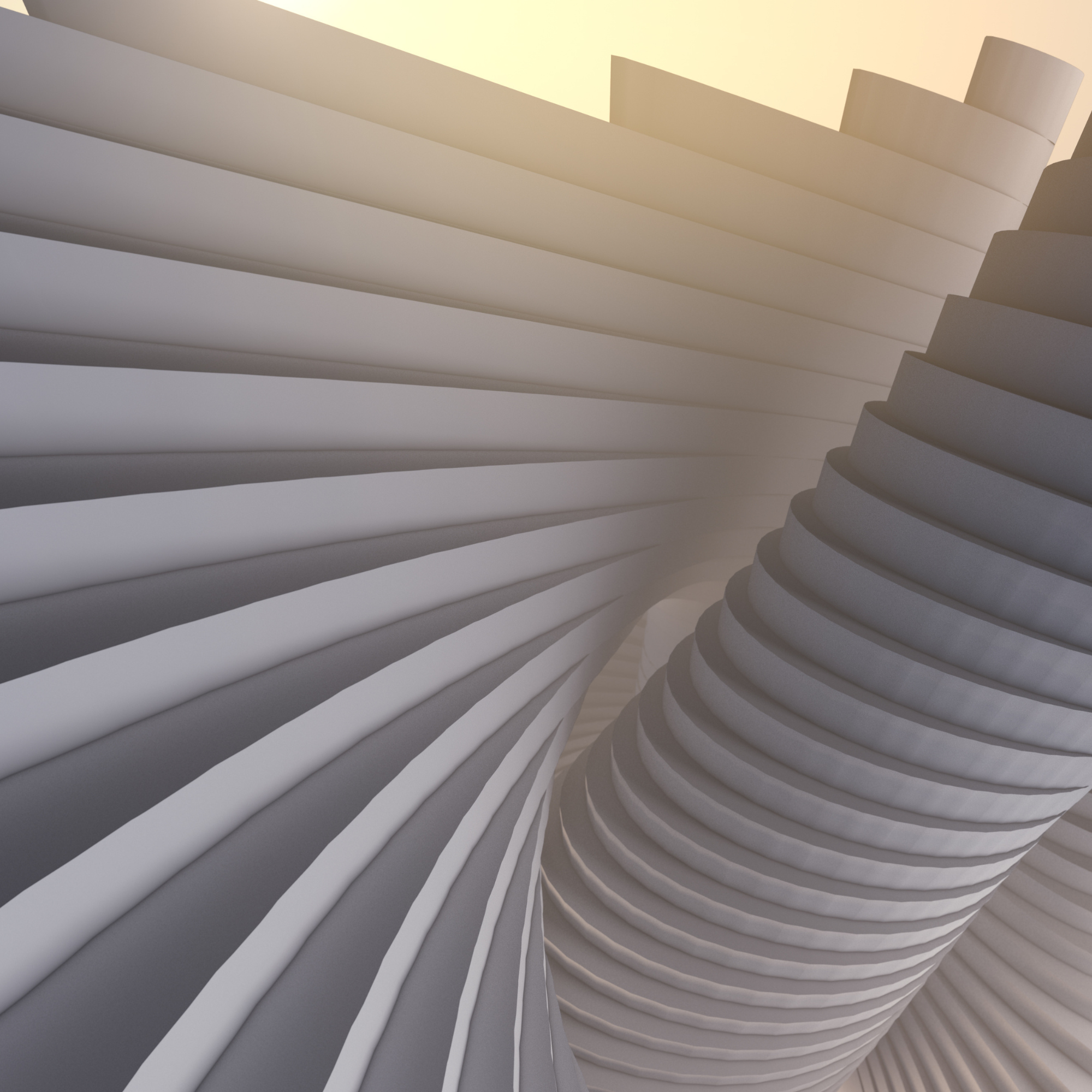 Close-up of white, curved architectural details with layered, rounded shapes and shadows.