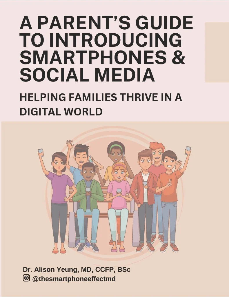 Book cover titled "A Parent's Guide to Introducing Smartphones & Social Media: Helping Families Thrive in a Digital World" by Dr. Alison Yeung, MD, CCFP, BSc, featuring diverse children using smartphones, on a light pink background.
