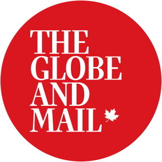 Red circular logo for The Globe and Mail with white text and a small maple leaf icon