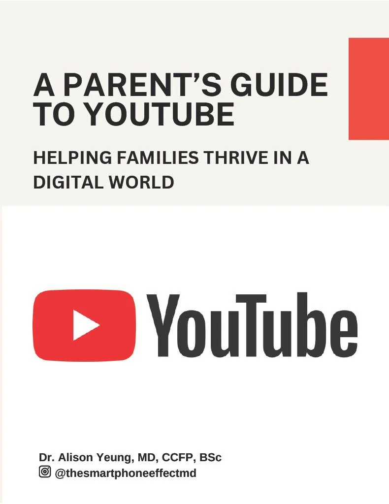 Cover page of a guide titled "A Parent's Guide to YouTube: Helping Families Thrive in a Digital World." Includes YouTube logo and author information.