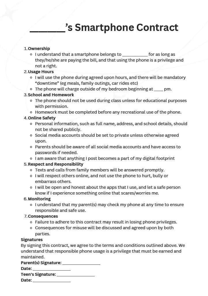 A smartphone contract outlining rules for ownership, usage hours, school and homework, online safety, respect and responsibility, monitoring, and consequences, with signature lines for parent, teen, and date.