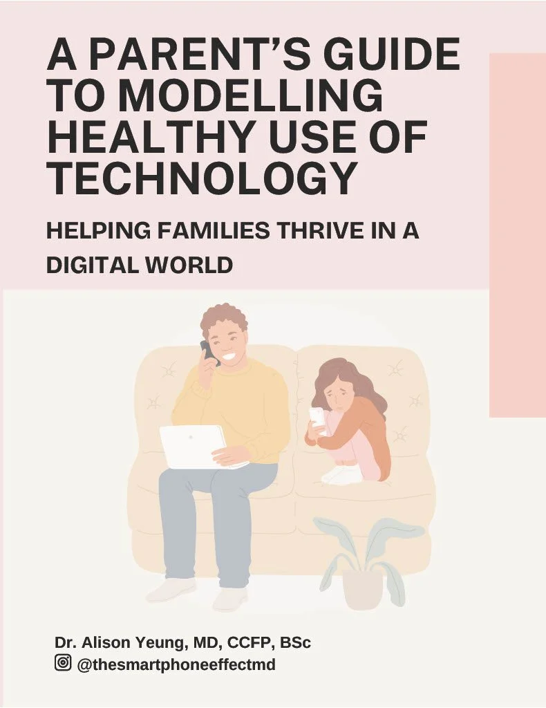 Cover of a guide titled 'A Parent's Guide to Modelling Healthy Use of Technology' with an illustration of a parent and child sitting on a couch, both using smartphones, and a plant in a pot beside them.