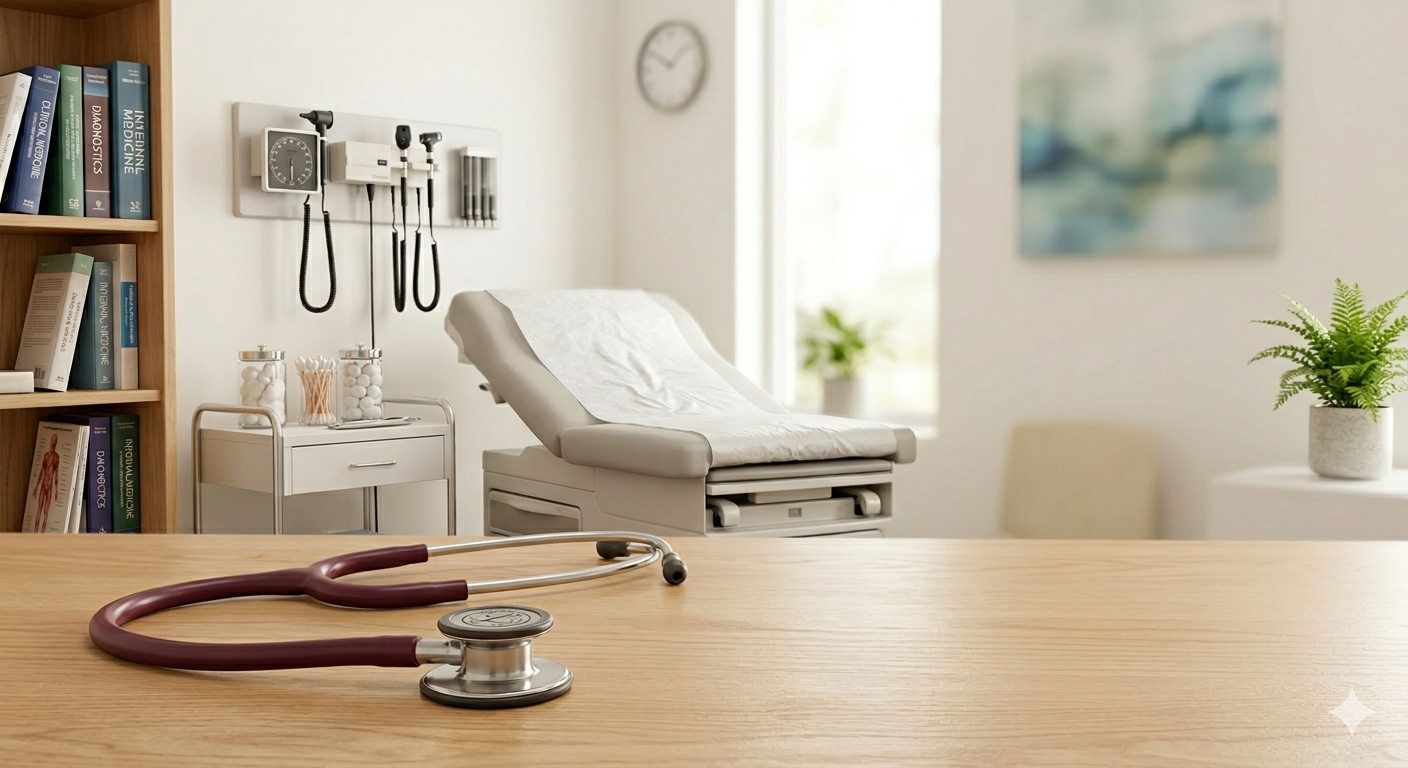 A medical examination room with an examination table, medical instruments on the wall, a bookshelf with medical books, and a stethoscope on a wooden table.