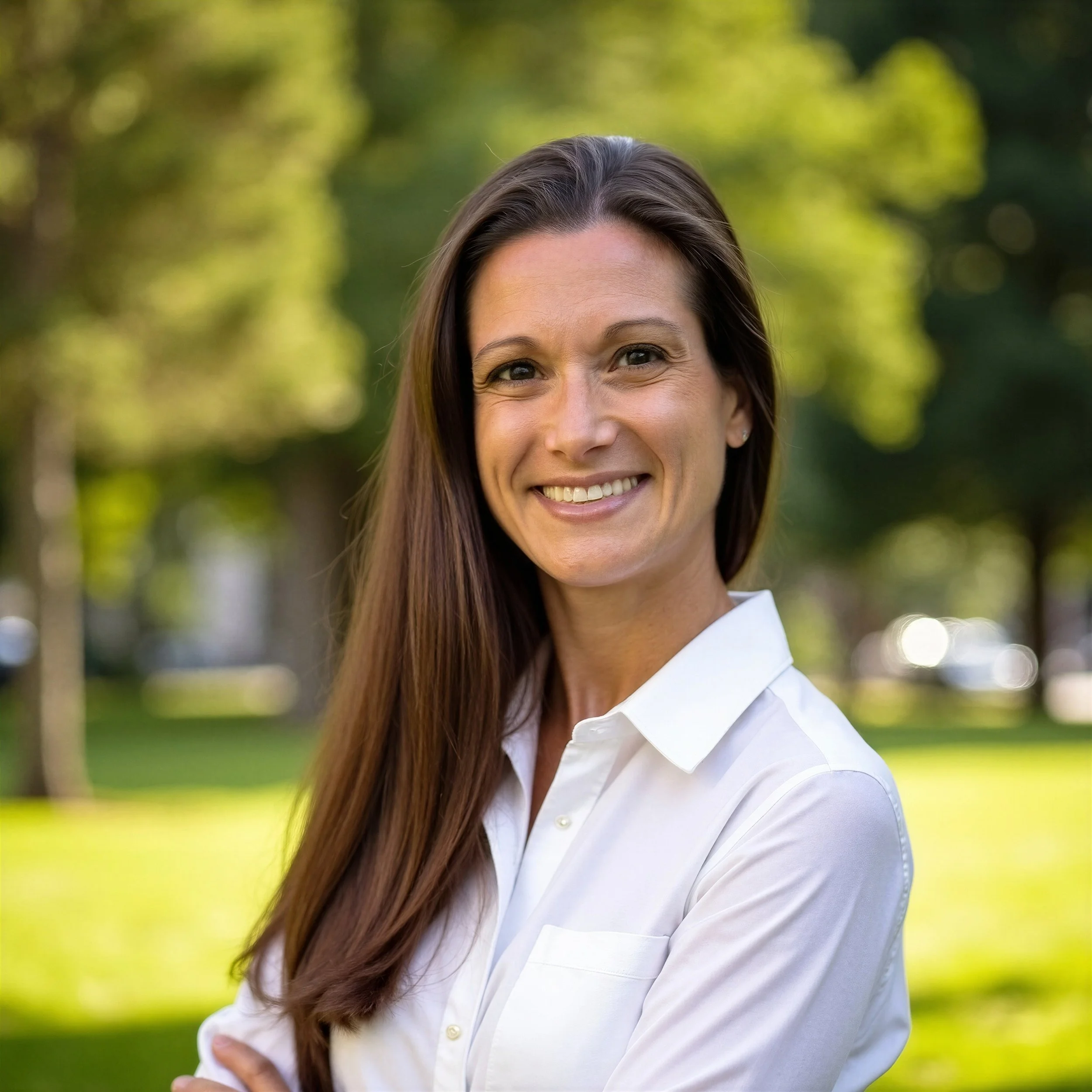 A woman with long brown hair, smiling outdoors with a background of green trees and sunlight.