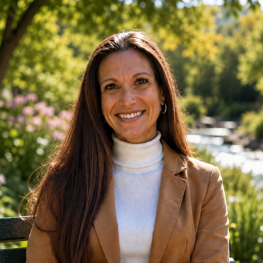 Smiling woman with long brown hair sitting outdoors near a stream and trees