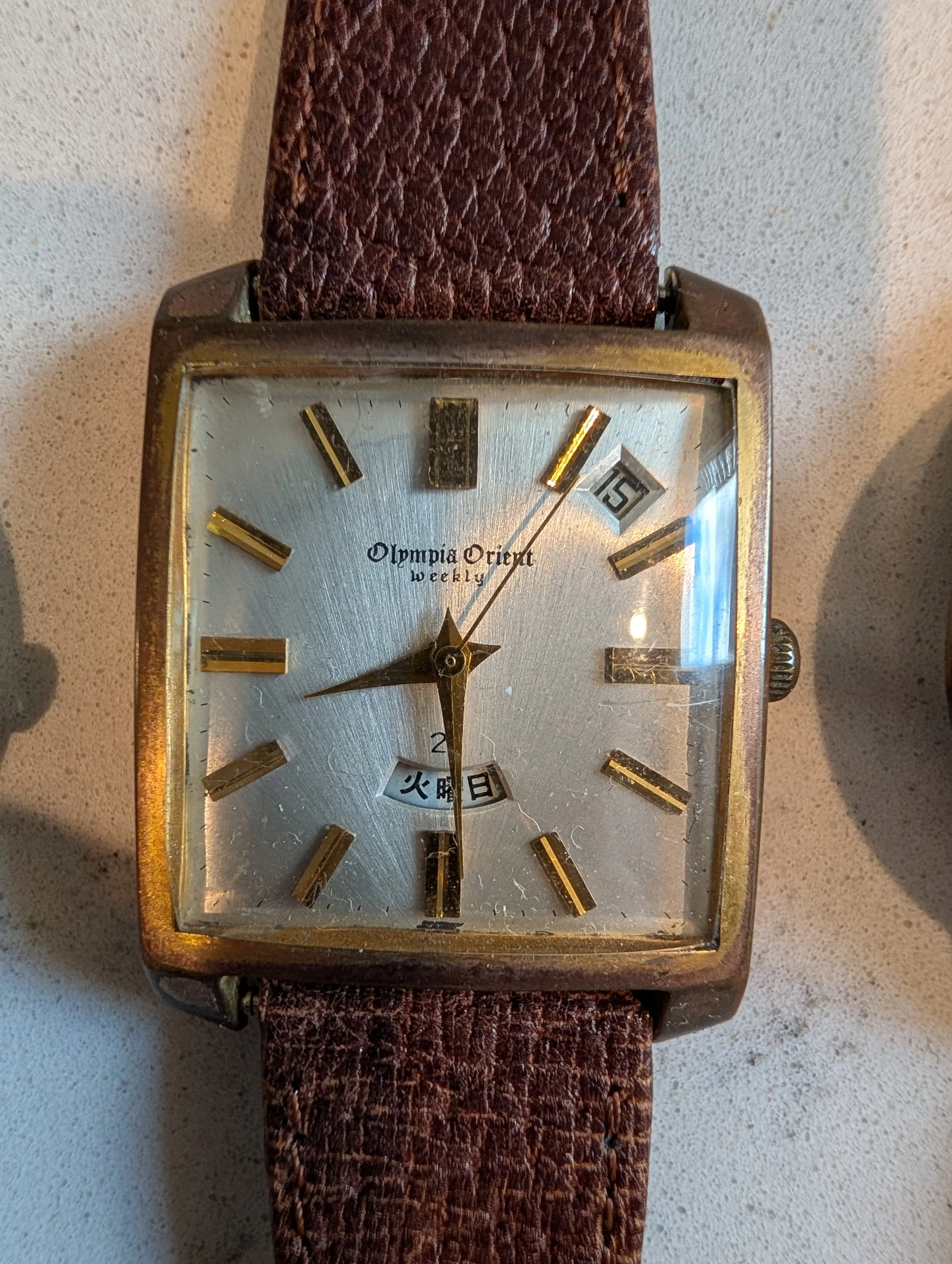 Vintage Olympia Orient Weekly Day-Date Tank Watch O.G.F. Gold Filled Japanese Automatic