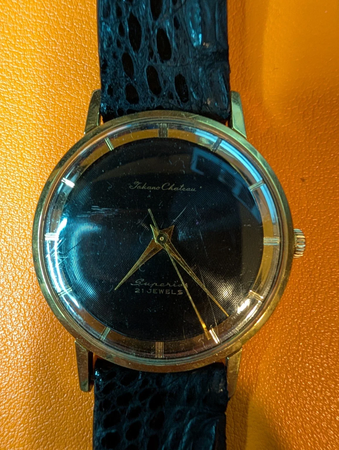 Takano Chateau Superior 21 Jewels Vintage Japanese Dress Watch 20 Micron Gold Plated Black Dial