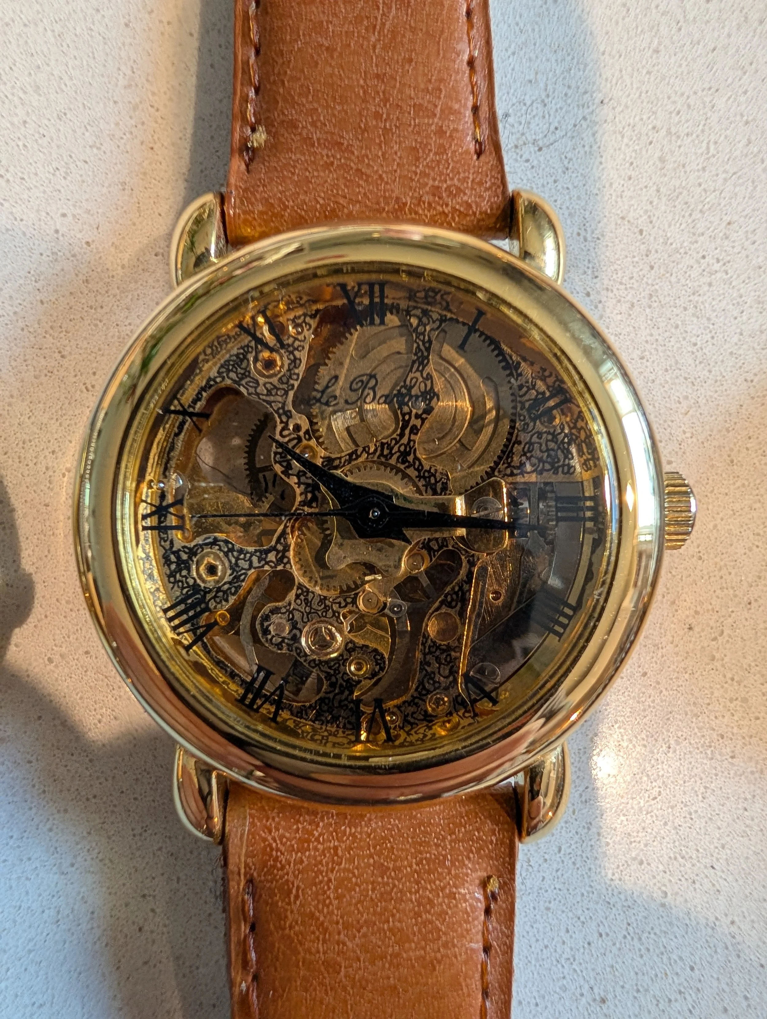 Le Baron Skeleton Mechanical Watch Roman Numeral Display Back Style Gold Tone