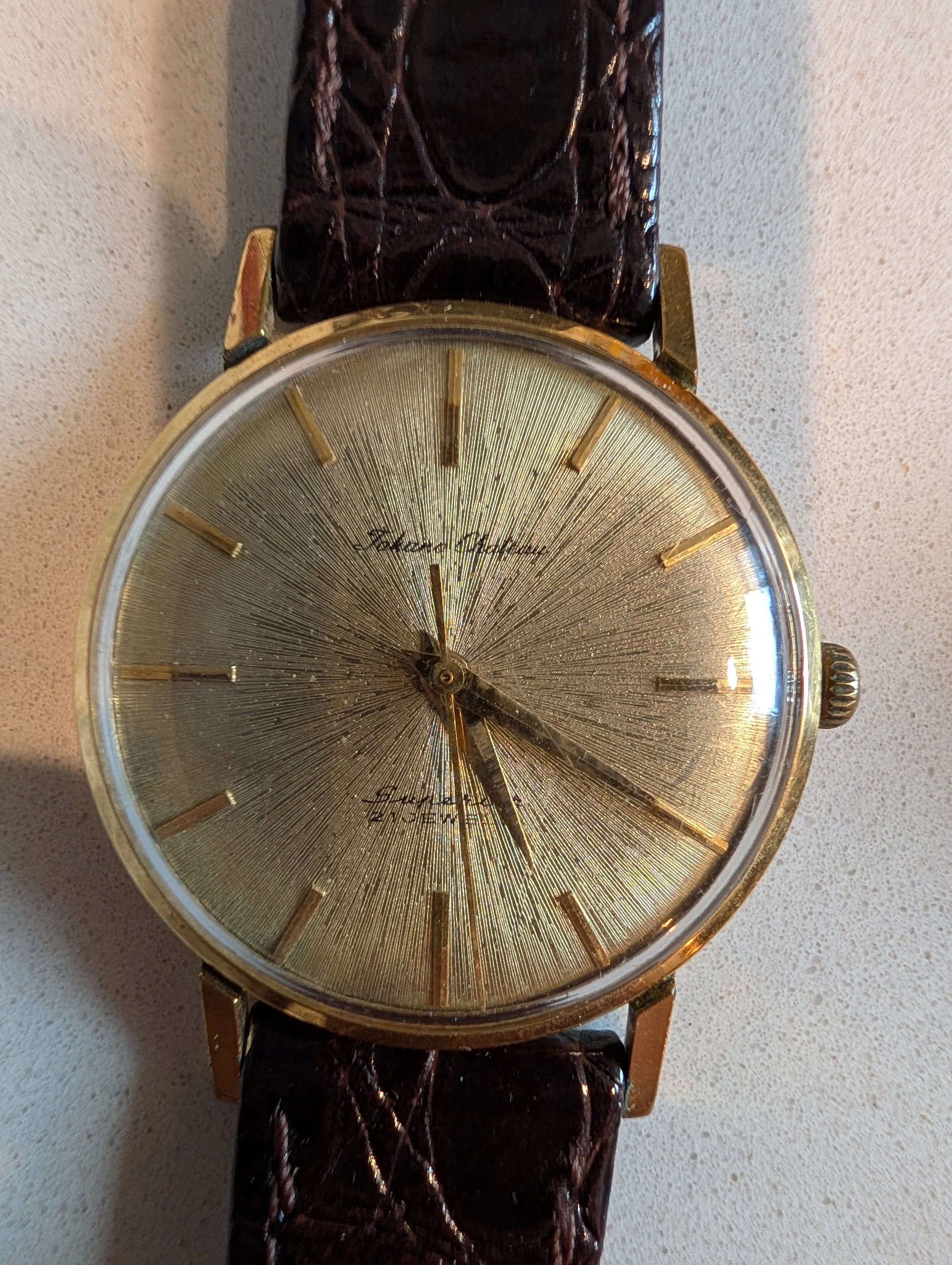 Takano Chateau Superior 21 Jewels Vintage Japanese Dress Watch 20 Micron Gold Plated Linen Dial