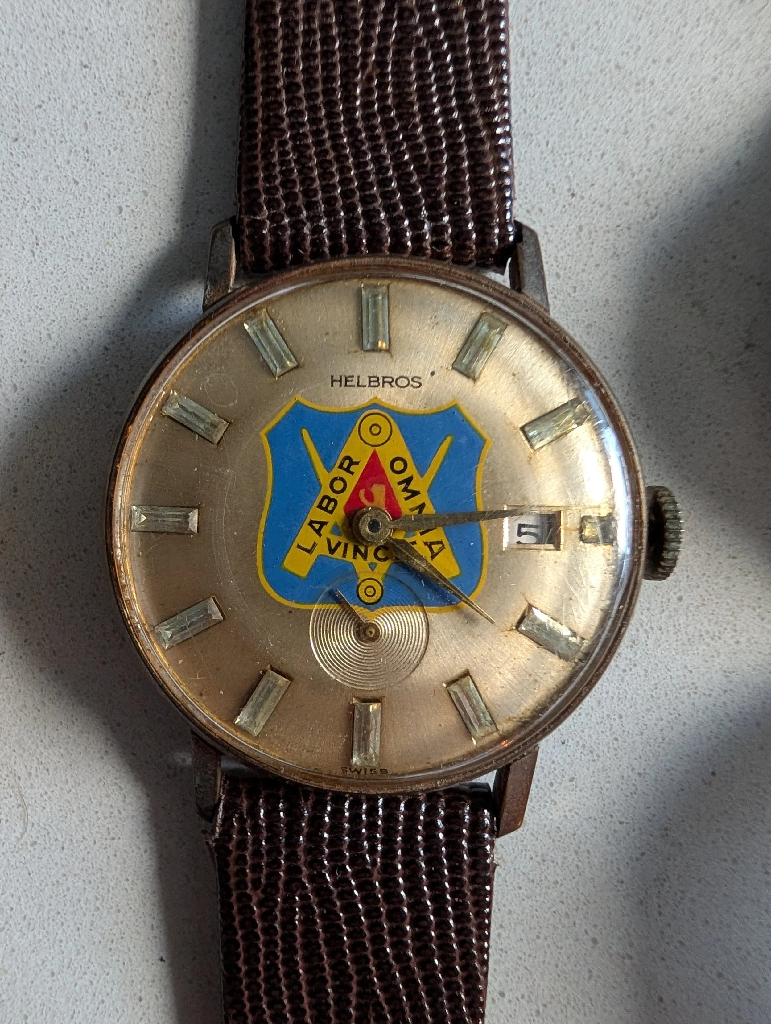 Vintage Helbros Labor Vincit Omnia Dial Watch Swiss Sub Seconds Date Watch