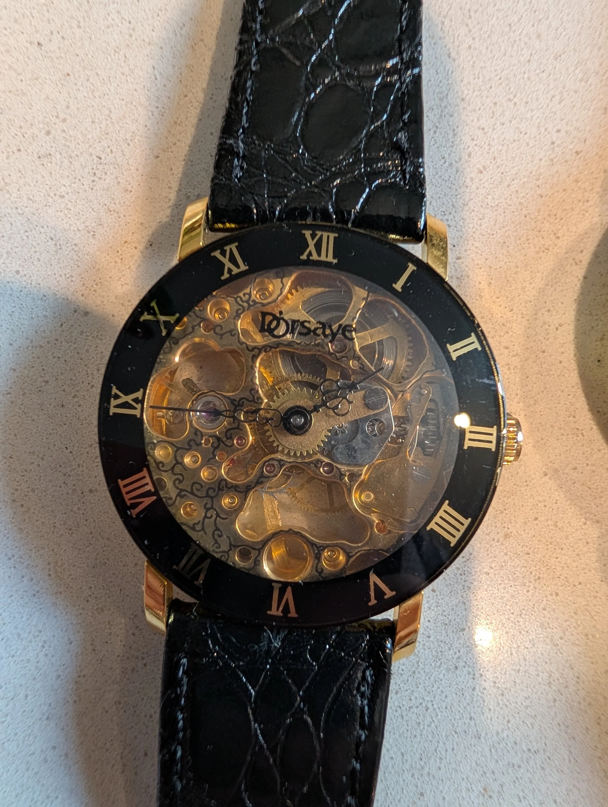 Vintage Dorsaye Skeleton Mechanical Watch Roman Numeral Black Dial Gold Tone