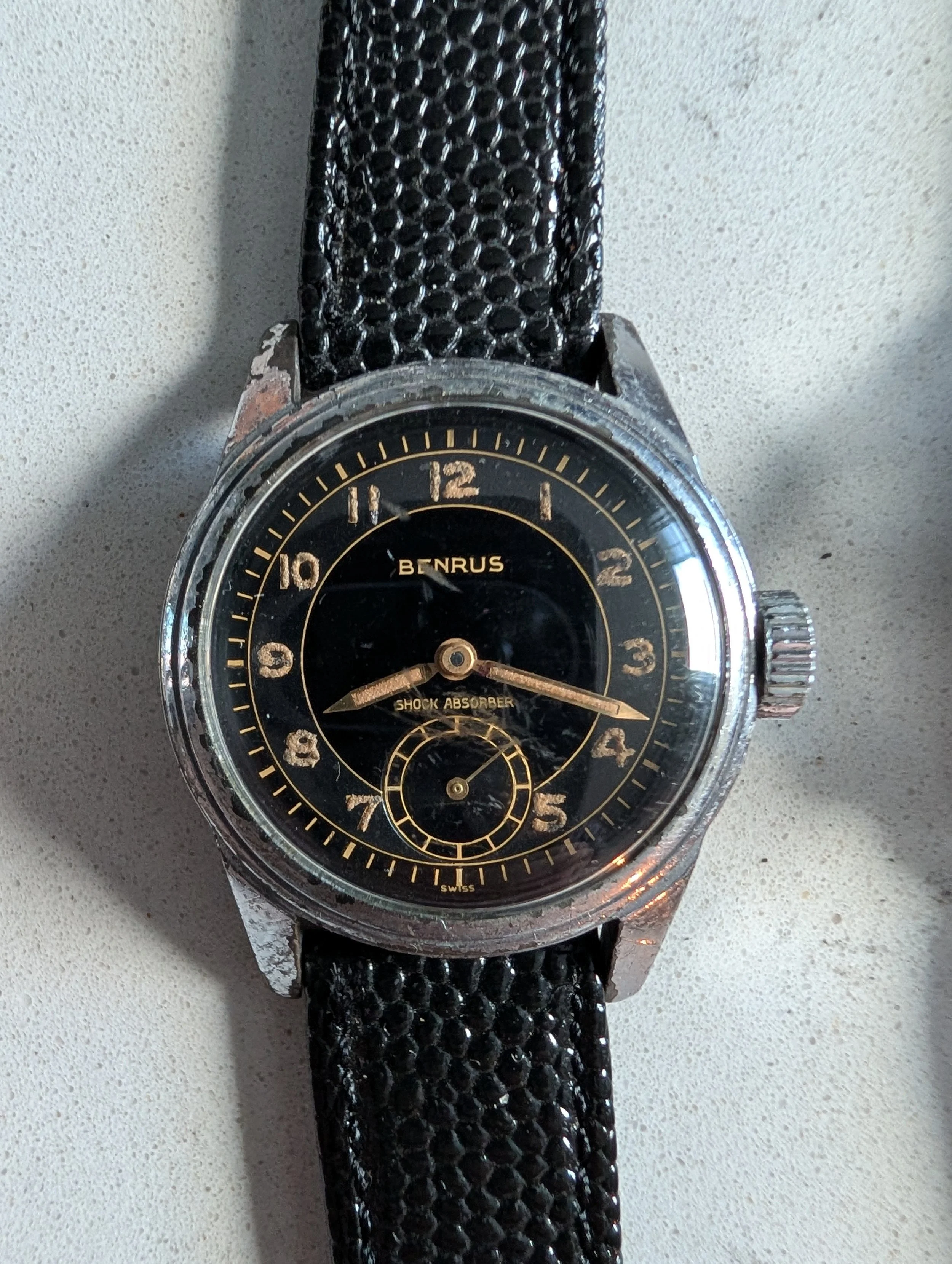 Vintage Benrus Shock Absorber Radium Dial Watch Running Black Gilt 3K CPM