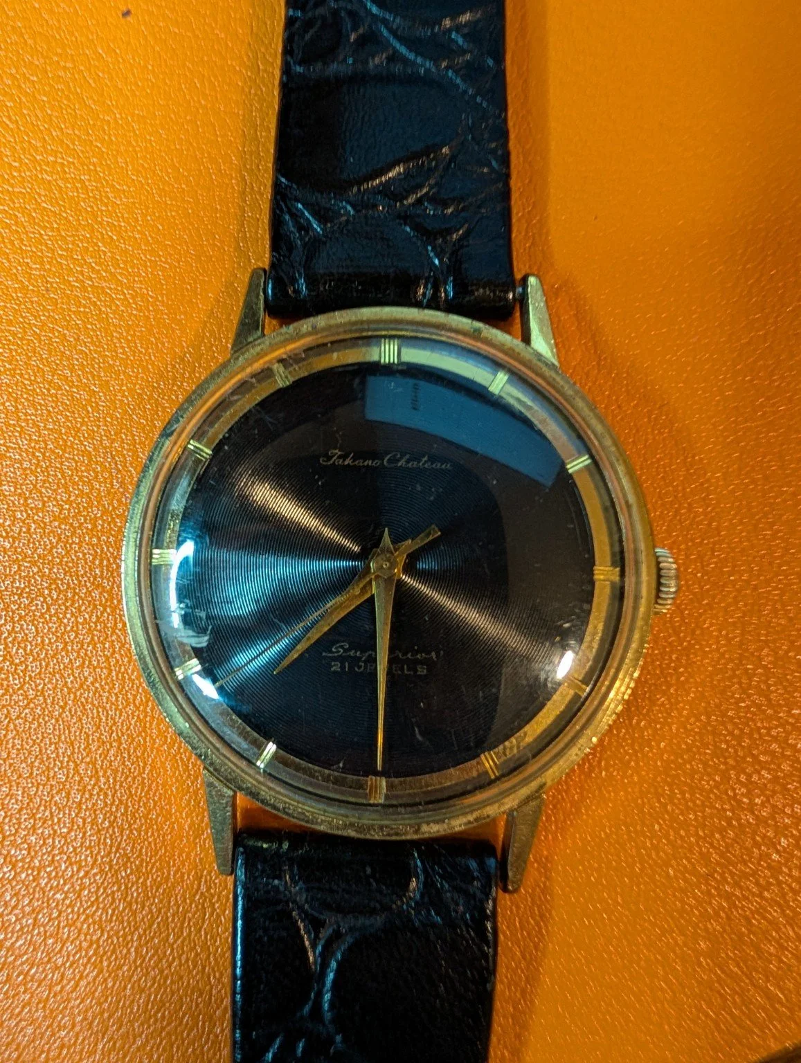 Takano Chateau Superior 21 Jewels Vintage Japanese Dress Watch Black Dial 14K Gold Plated 20 Micron