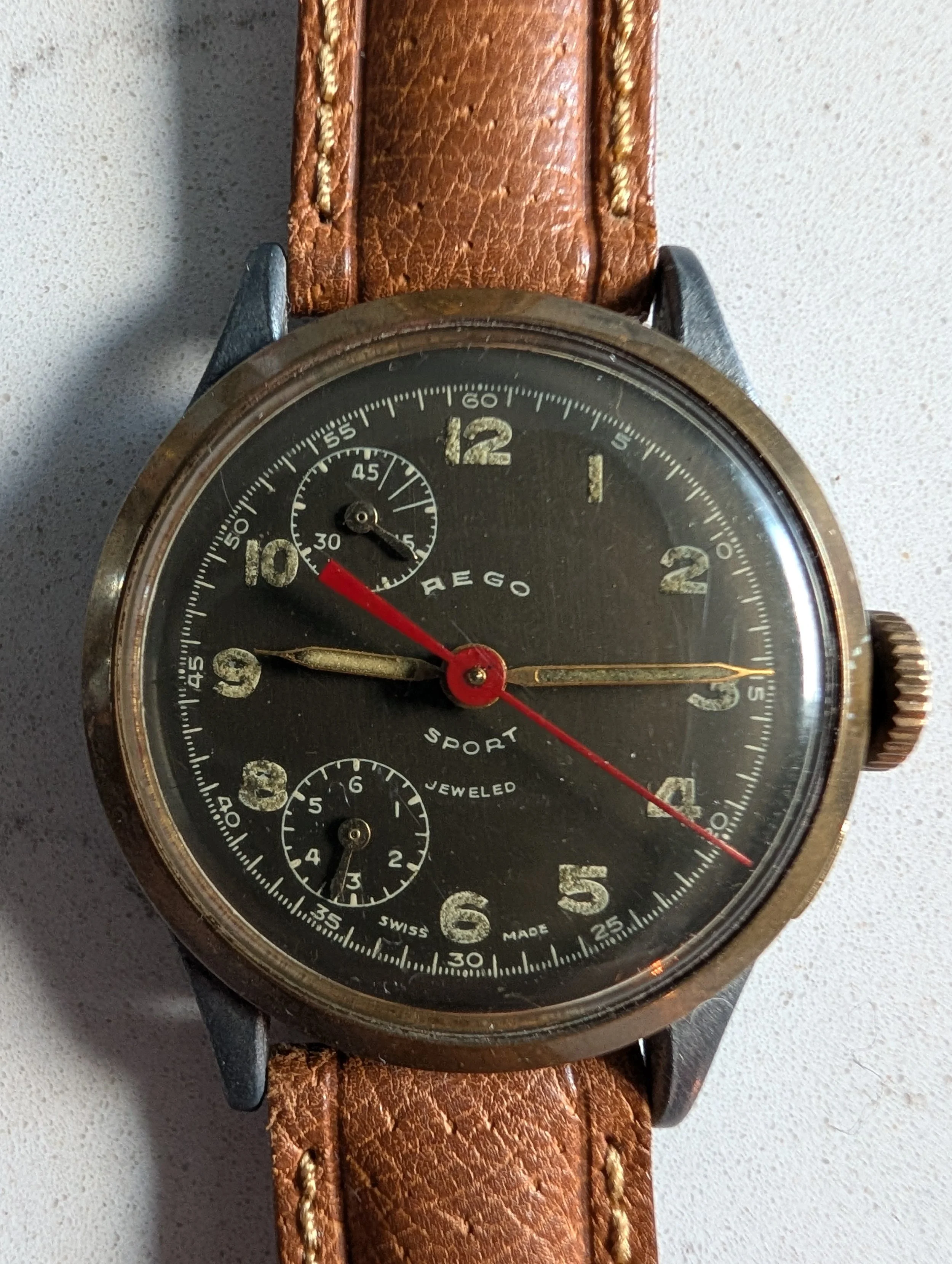 Vintage REGO Sport Chronograph Style Watch Black Dial Swiss Made Parts Repair