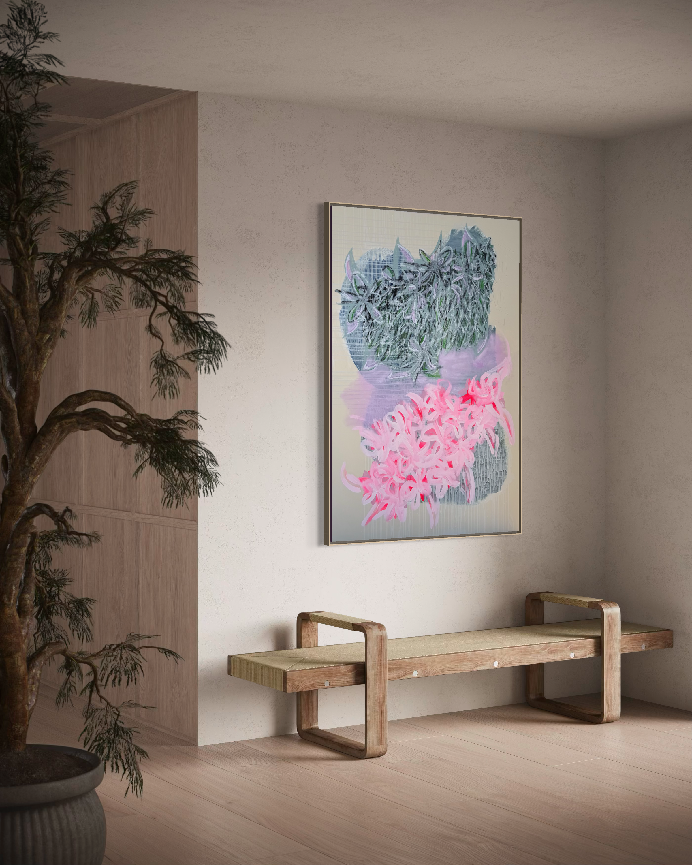 Minimalist interior with a wooden bench, a small wooden shelf, a framed abstract floral painting on the wall, and a potted plant.