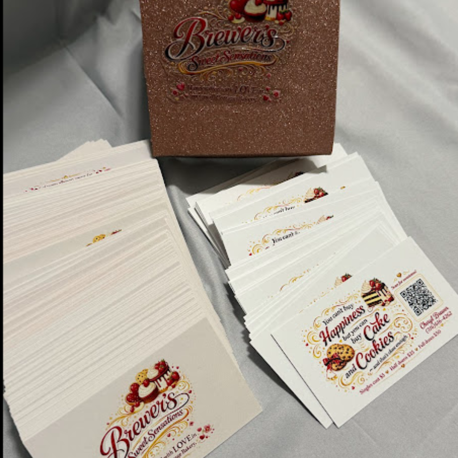 Stacks of printed promotional cards for Brewer's bakery, featuring baked goods and cookies, with branding and a QR code, placed on a light-colored table.