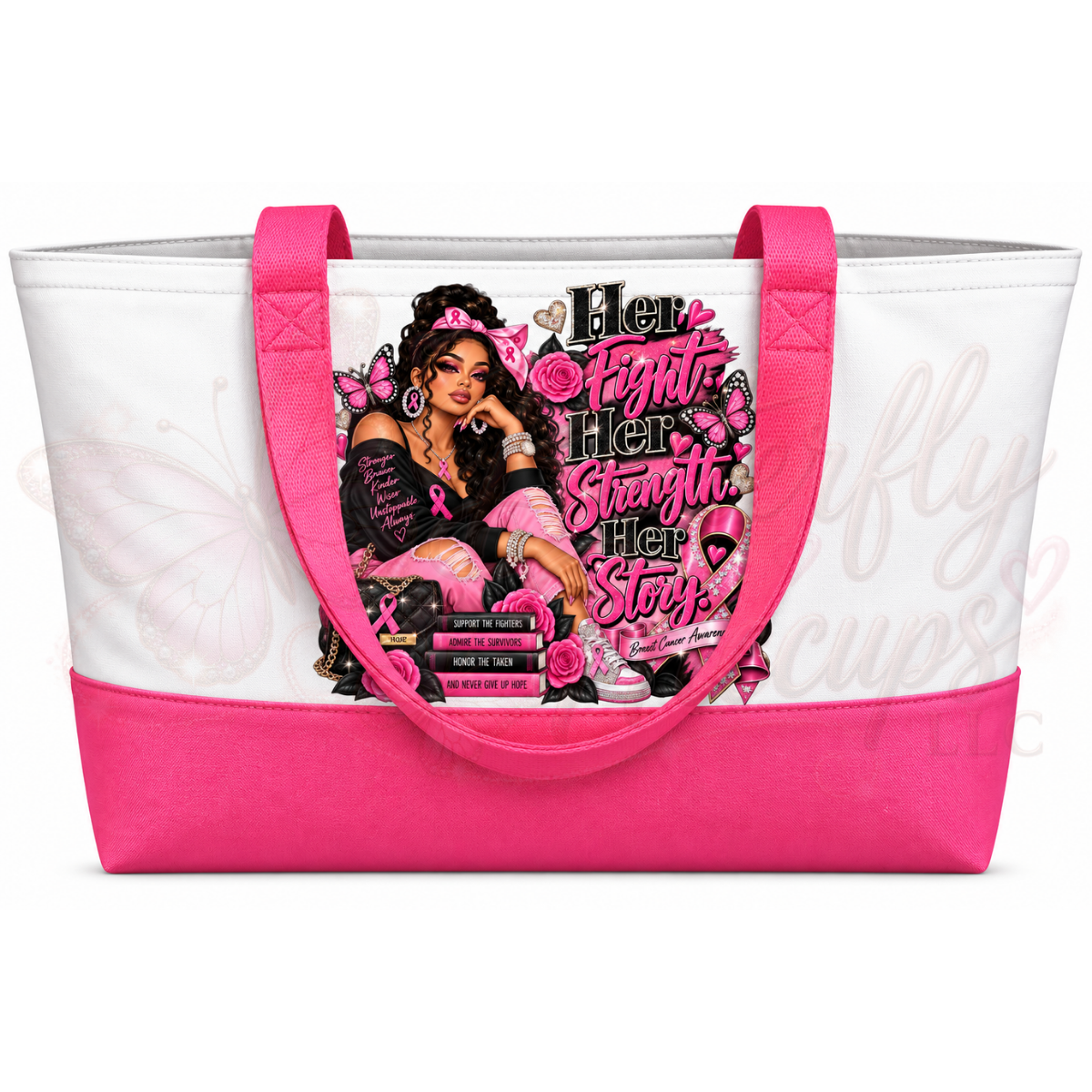 Her Fight, Her Strength, Her Story – Melanin Beauty Breast Cancer Awareness Large Canvas Tote