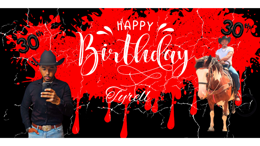 A birthday celebration graphic with a red splatter background, the text 'Happy Birthday Tylene' in white ornate letters, and two men: one in cowboy attire on the left taking a selfie and another riding a horse on the right. The image also features '30th' in black with a red outline on both sides.