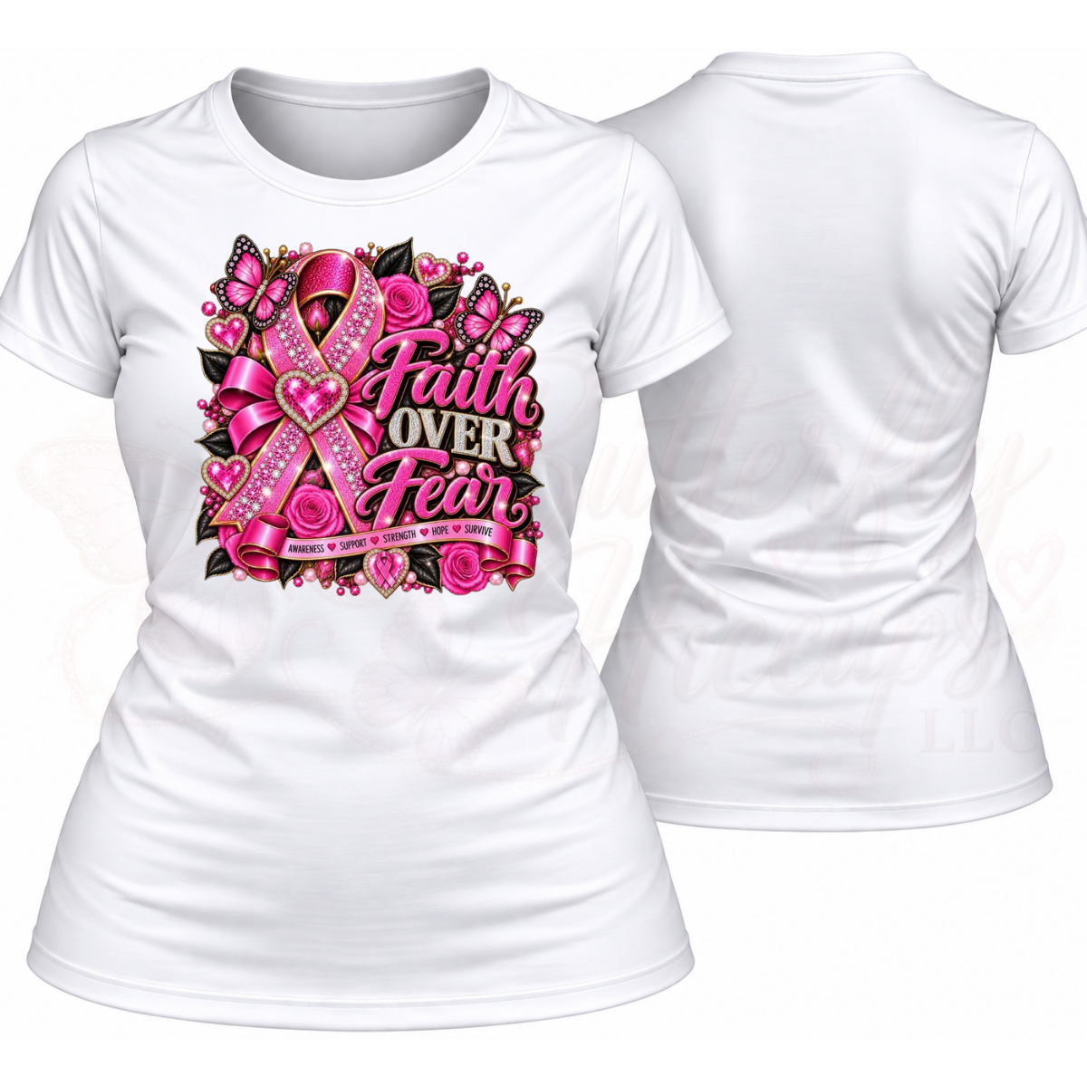Faith Over Fear – Jeweled Pink Ribbon, Roses & Butterflies Breast Cancer Awareness T-Shirt