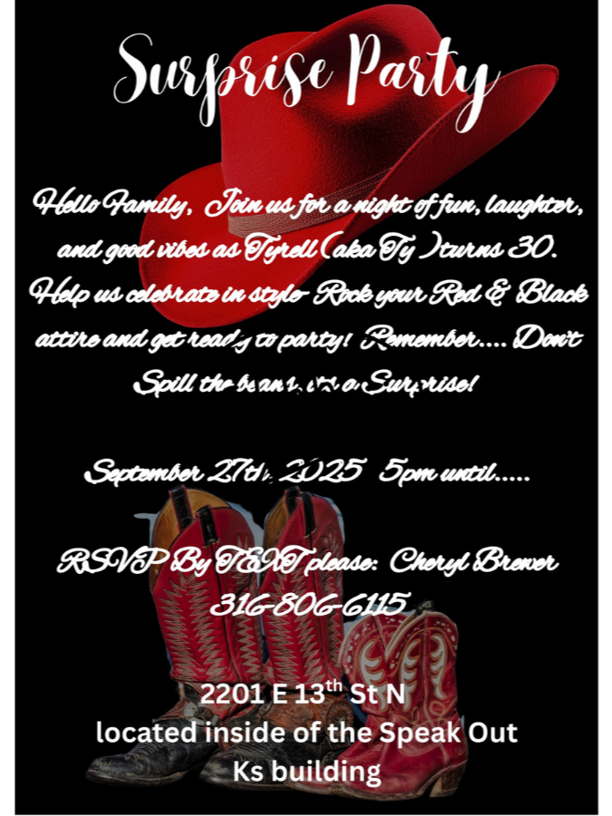 Red cowboy hat and cowboy boots over a black background, invitation text for a surprise birthday party celebrating Tyrell's 30th birthday, scheduled for September 27, 2025, at 5 pm, with RSVP details.