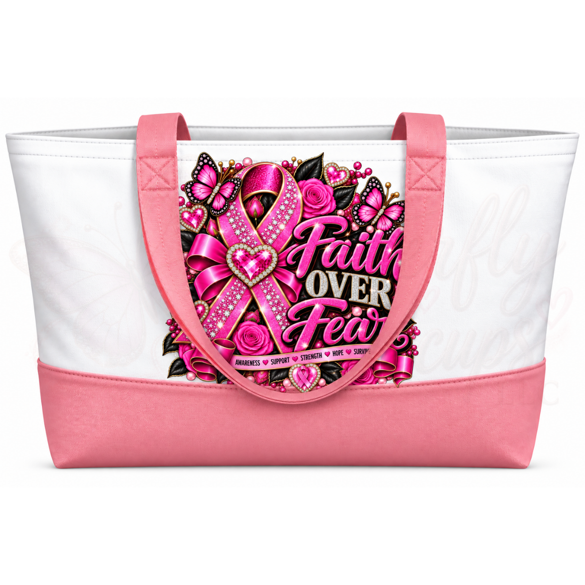 Faith Over Fear – Jeweled Pink Ribbon & Butterfly Breast Cancer Awareness Large Canvas Tote