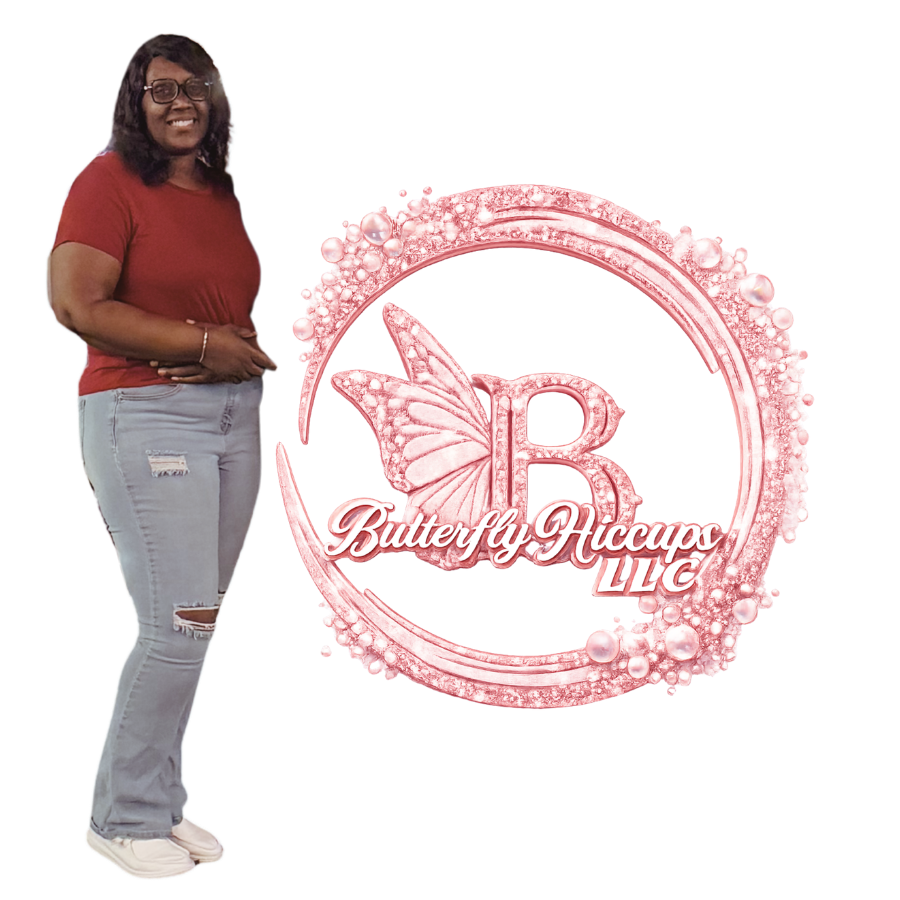 A woman smiling, wearing glasses, a red t-shirt, and ripped jeans, standing next to a pink logo with a butterfly and the text 'Butterfly Peckaps LLC'.