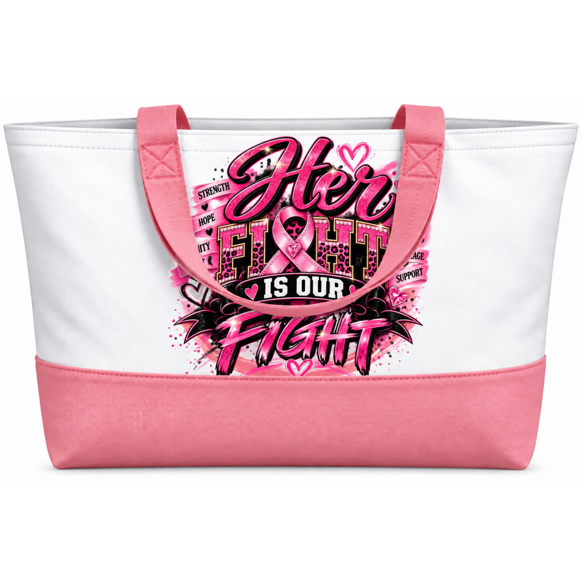 Her Fight Is Our Fight – Pink Ribbon, Strength & Unity Breast Cancer Awareness Large Canvas Tote