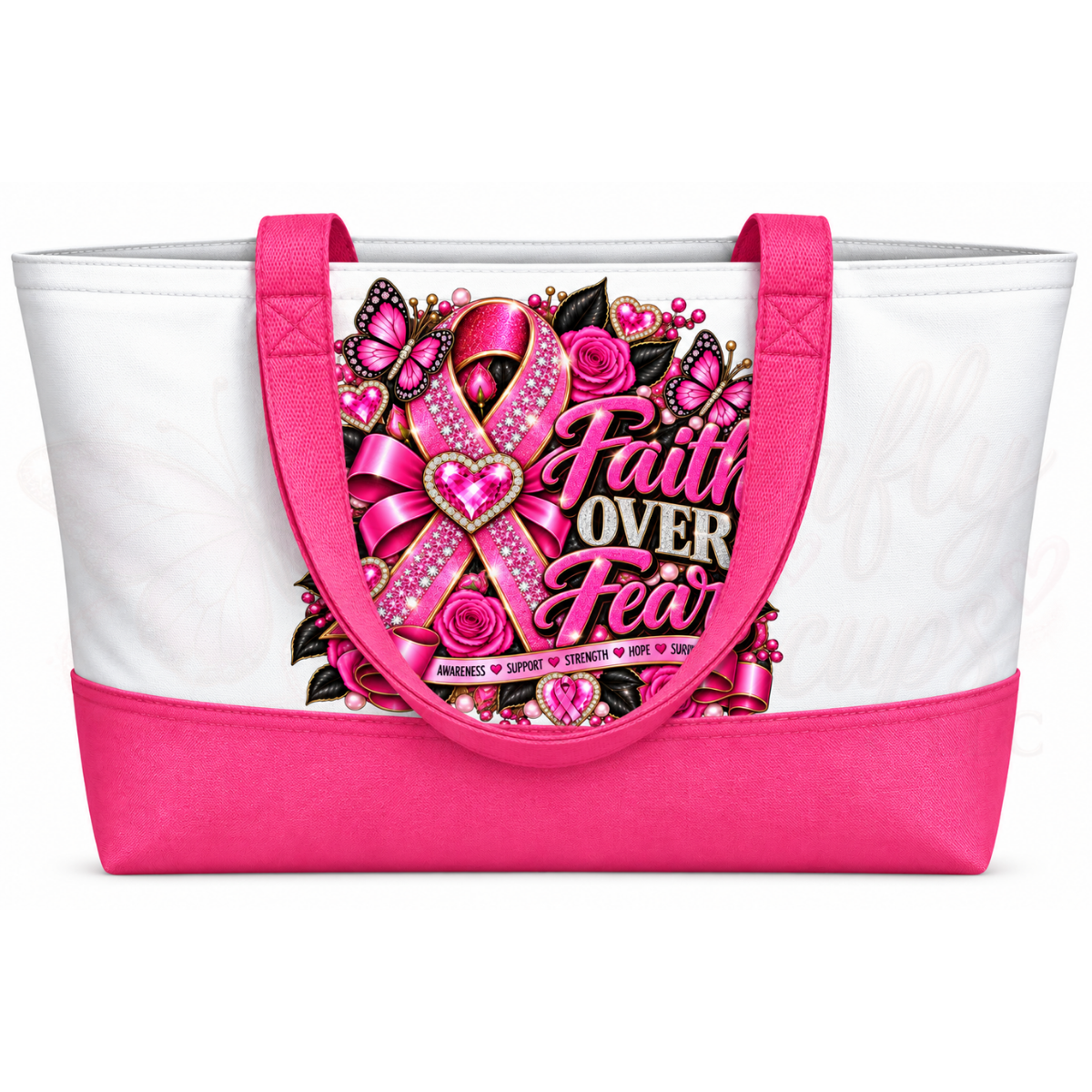 Faith Over Fear – Jeweled Pink Ribbon & Butterfly Breast Cancer Awareness Large Canvas Tote