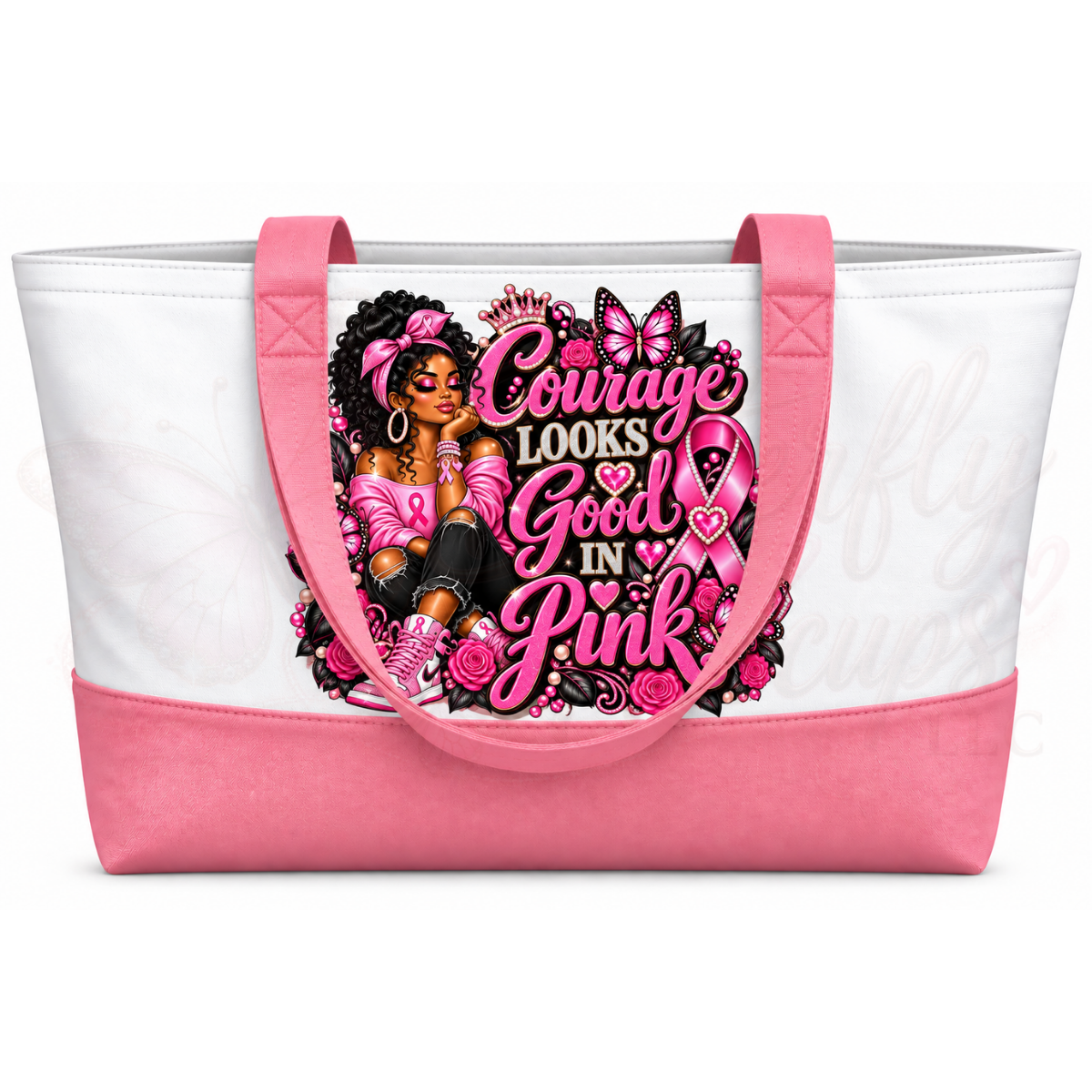 Courage Looks Good in Pink – Melanin Beauty & Pink Ribbon Breast Cancer Awareness Large Canvas Tote