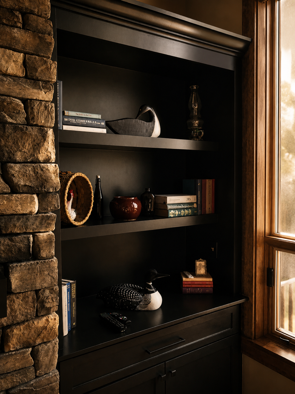 A black bookshelf with various decorative items and books, next to a wooden window with sunlight coming through, and a stone wall on the side.