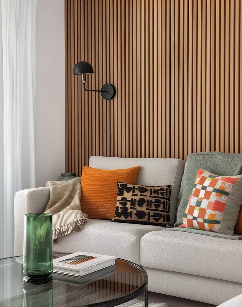 Living room with a white sofa, orange, patterned, and green pillows, a beige blanket, a dark gray wall lamp, a wooden slat wall, a glass side table with a green vase, and magazines.