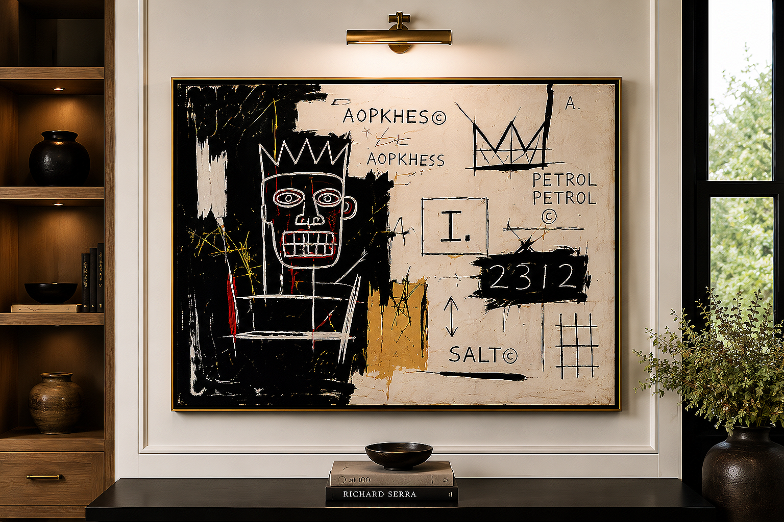 Modern wall art with abstract sketches, slogans, and doodles, including a red and white skull, a bar chart, and various scribbles on a neutral background, framed in black and gold.