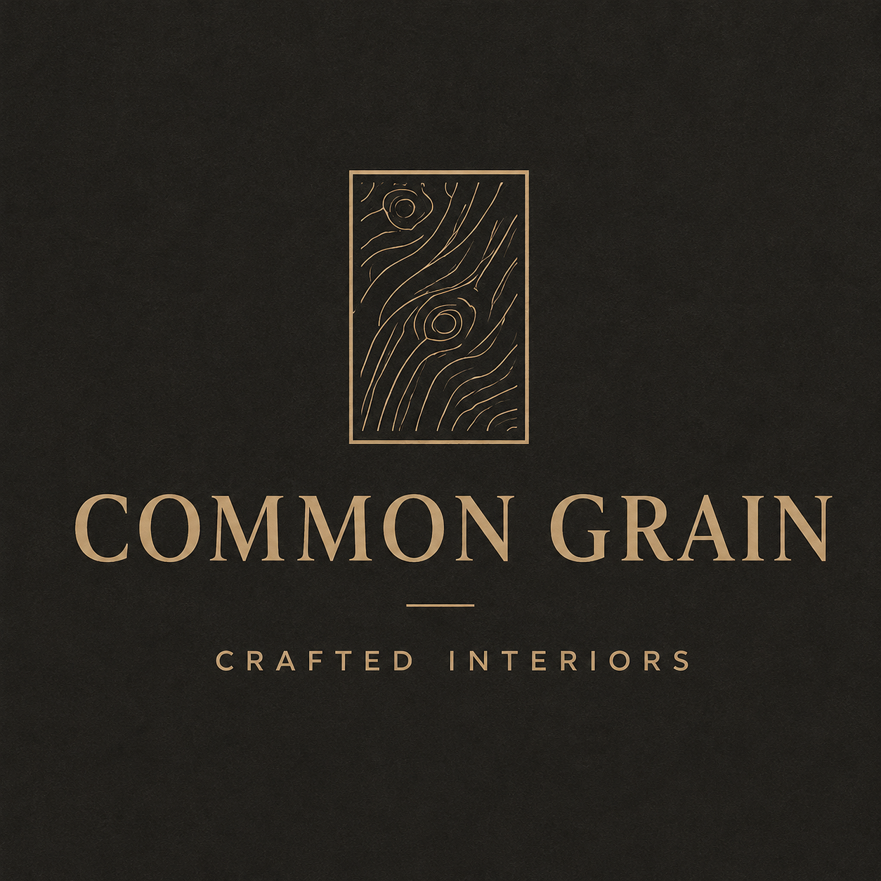 Black background with a gold-embossed logo of a wood grain pattern and the text 'Common Grain' with the subtitle 'Crafted Interiors'.