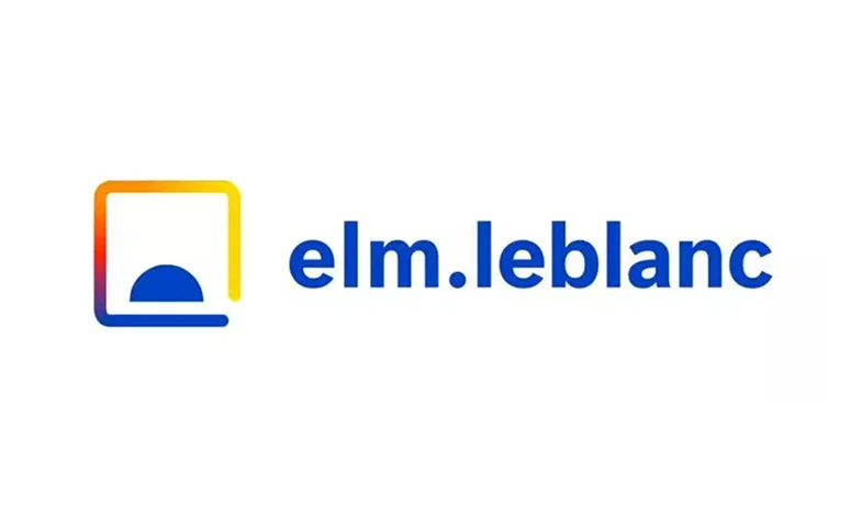 Logo d'elm.leblanc avec un dessin stylisé en carré coloré et le texte bleu 'elm.leblanc'.