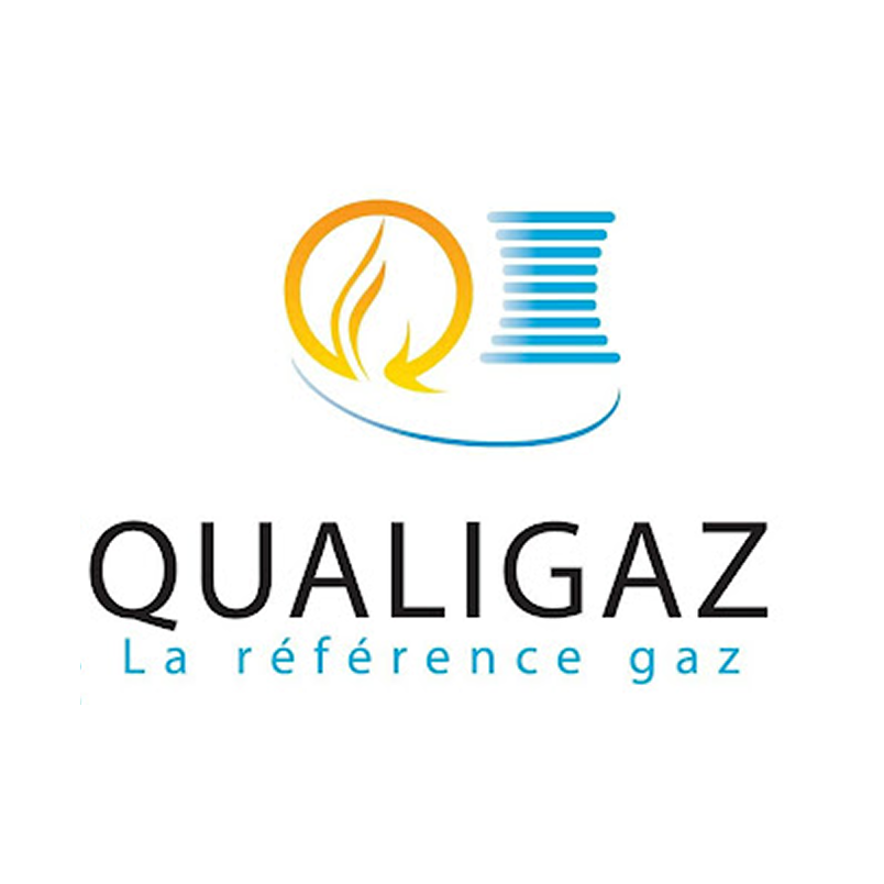 Logo de Qualigaz avec un symbole de flamme stylisée, une structure de tuyaux en bleu, et le texte "QUALIGAZ La référence gaz".