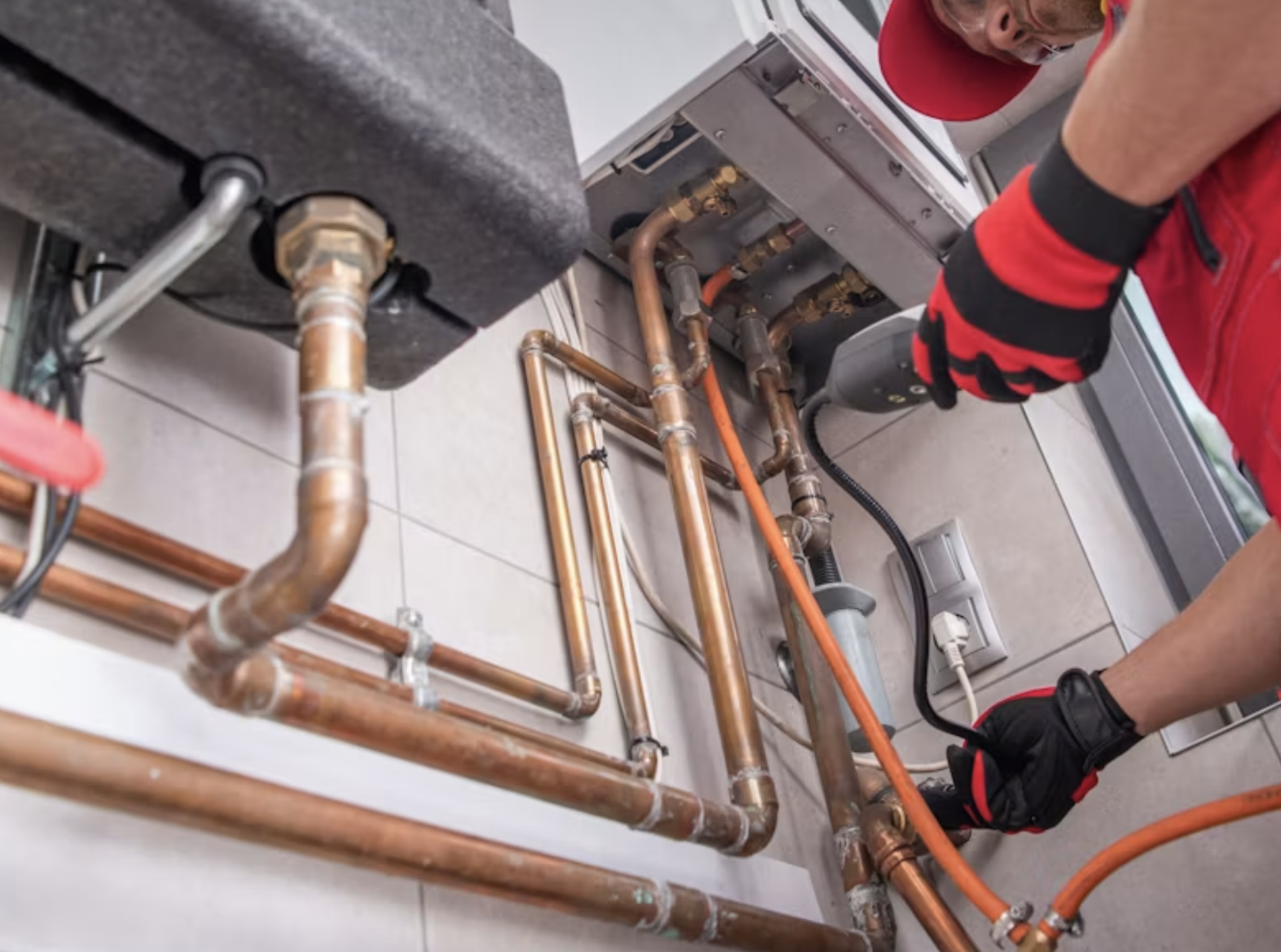 Un technicien répare ou installe un système de plomberie avec des tuyaux en cuivre, à côté d'une unité de climatisation ou de chauffage, dans un environnement intérieur. Il porte des vêtements de travail rouge et noir.