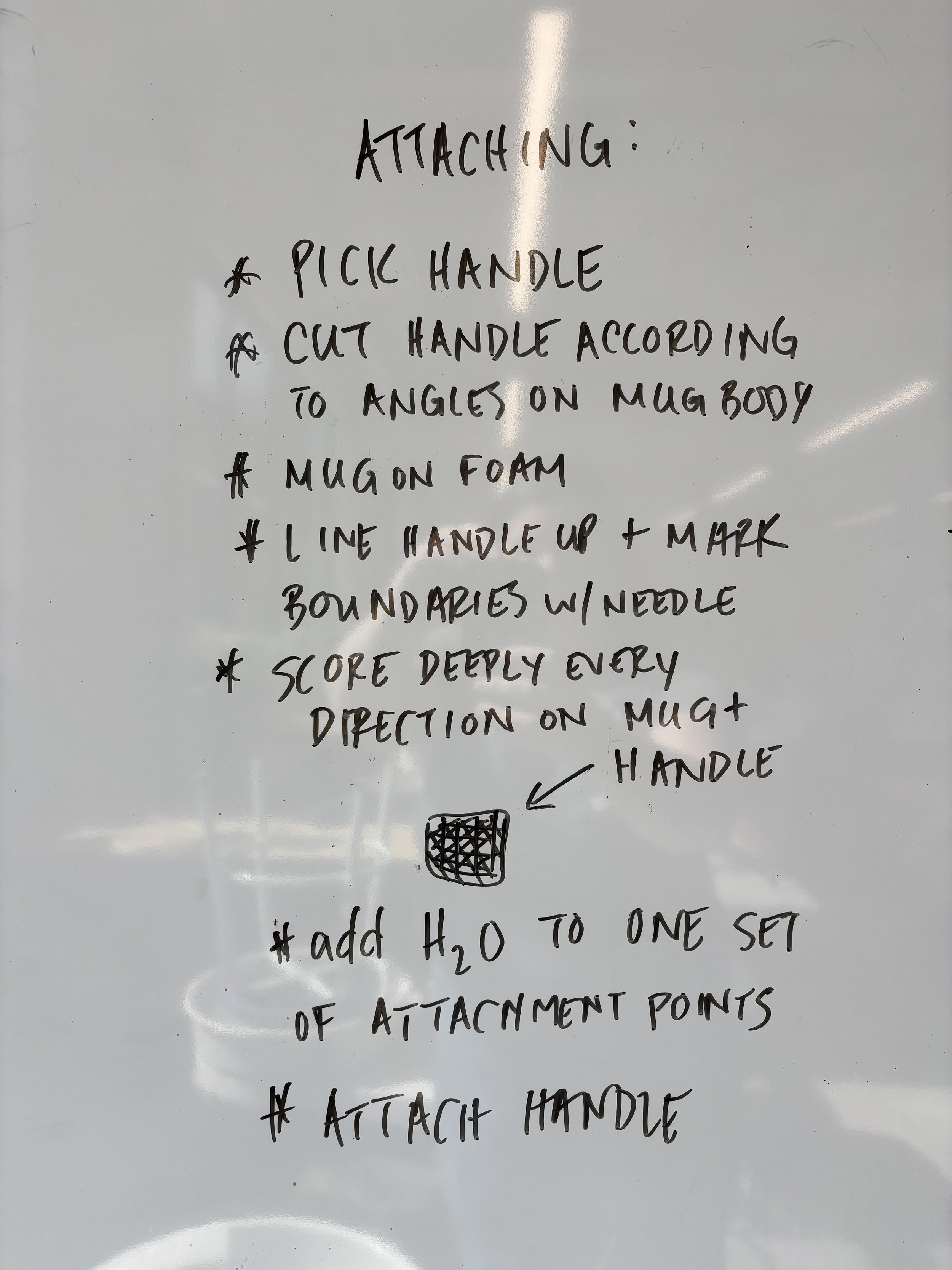 Malenka Luckett's handwritten whiteboard instructions for attaching a pulled handle to a mug, including steps for scoring, marking boundaries, and adding water to attachment points
