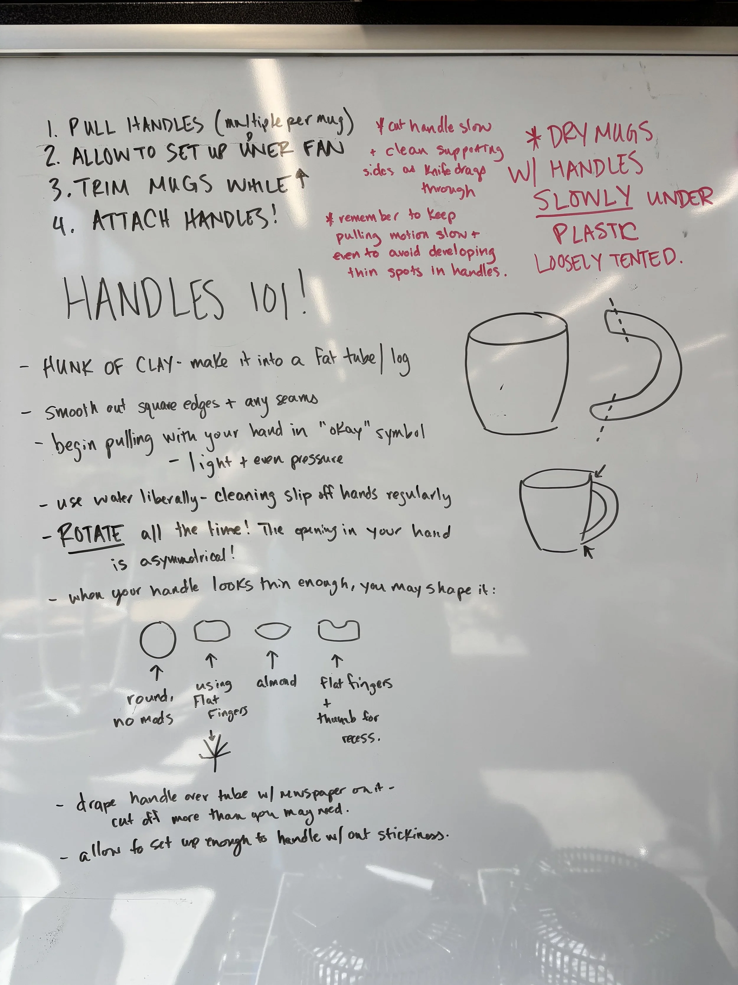 Malenka Luckett's handwritten whiteboard lesson on pulling and attaching mug handles, including step-by-step instructions and hand-drawn diagrams of handle shapes and mug forms
