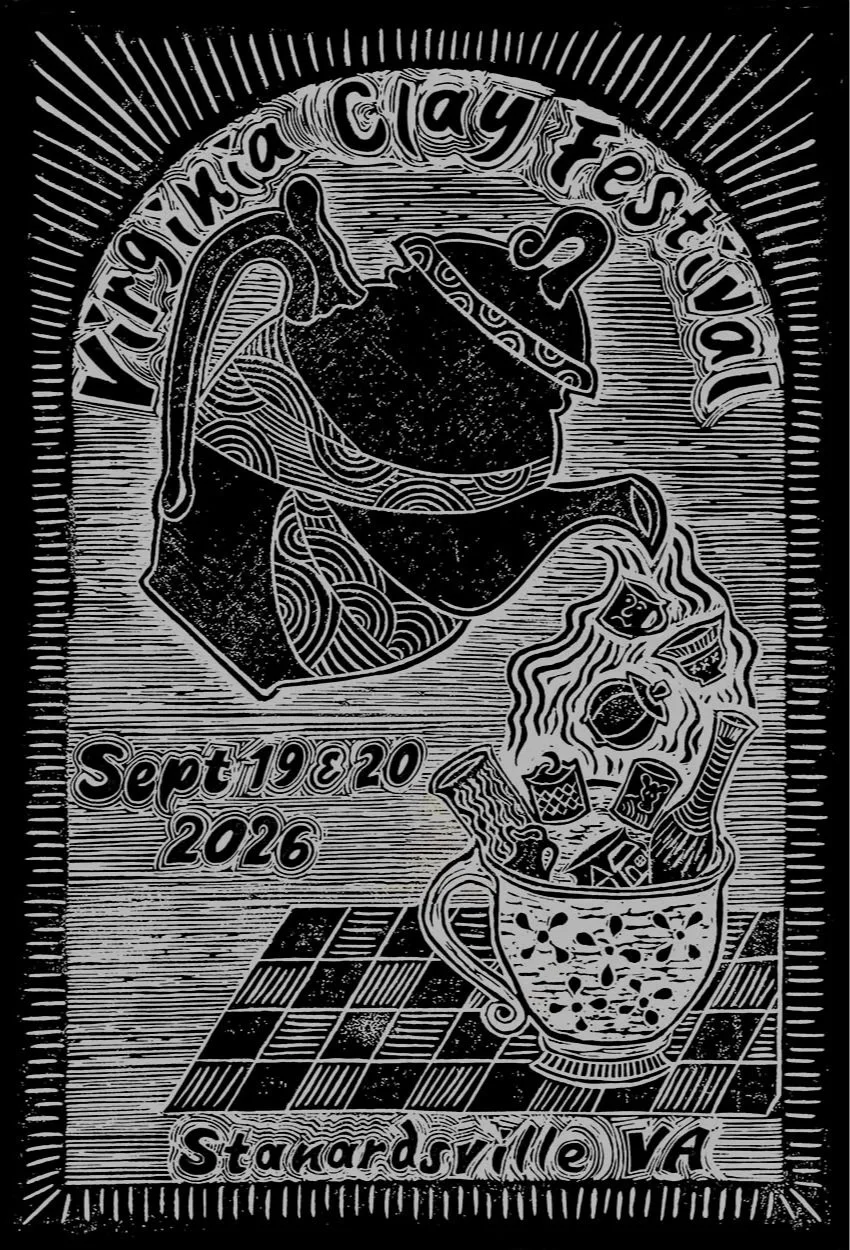 Promotional postcard for the Virginia Clay Festival, September 19 and 20 2026 in Stanardsville Virginia, featuring bold black and white woodblock print style illustration of ceramic vessels including a teapot and pitcher