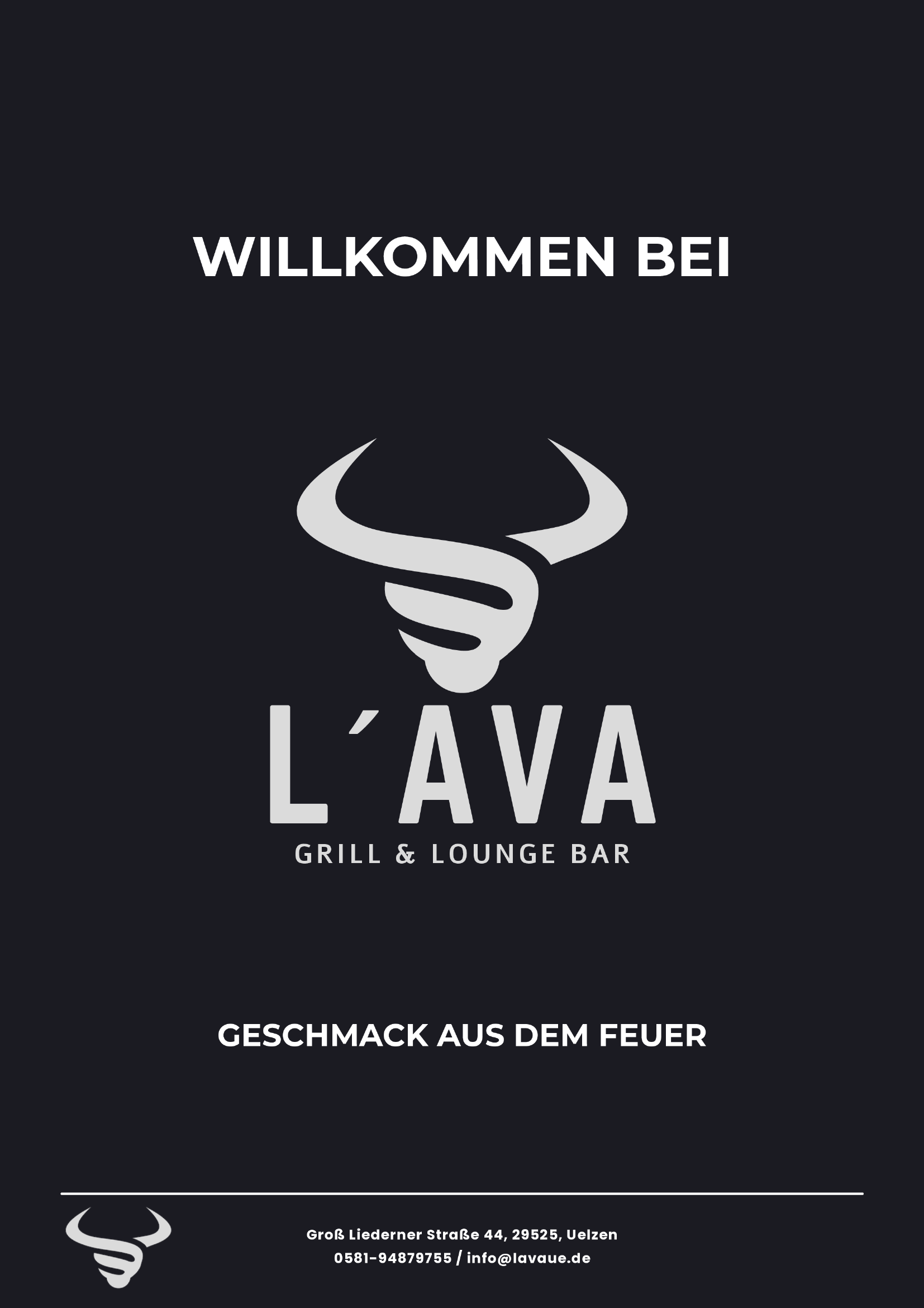 Titelbild eines Grill- und Lounge Bars namens L'AVIA mit schwarzem Hintergrund, weißen Texten und einem stilisierten mexikanischen Wappen mit einem Feuer in einer Hand. Darunter befindet sich die Adresse, Telefonnummer und E-Mail