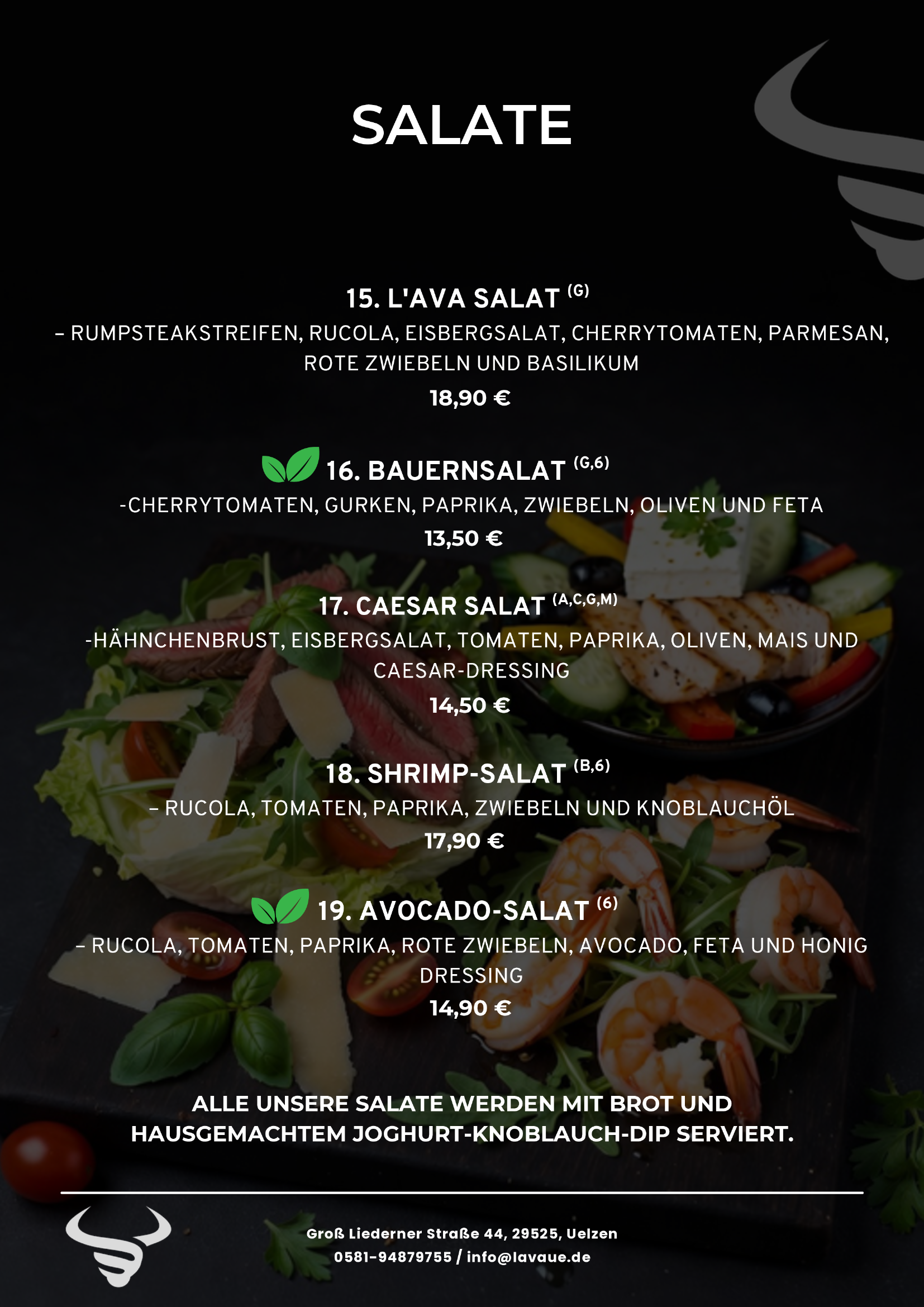 Speisekarte mit verschiedenen Salaten, darunter Avocado-Salat, Shrimp-Salat und Caesar Salat, mit Preisen und Beschreibung auf dunklem Hintergrund.